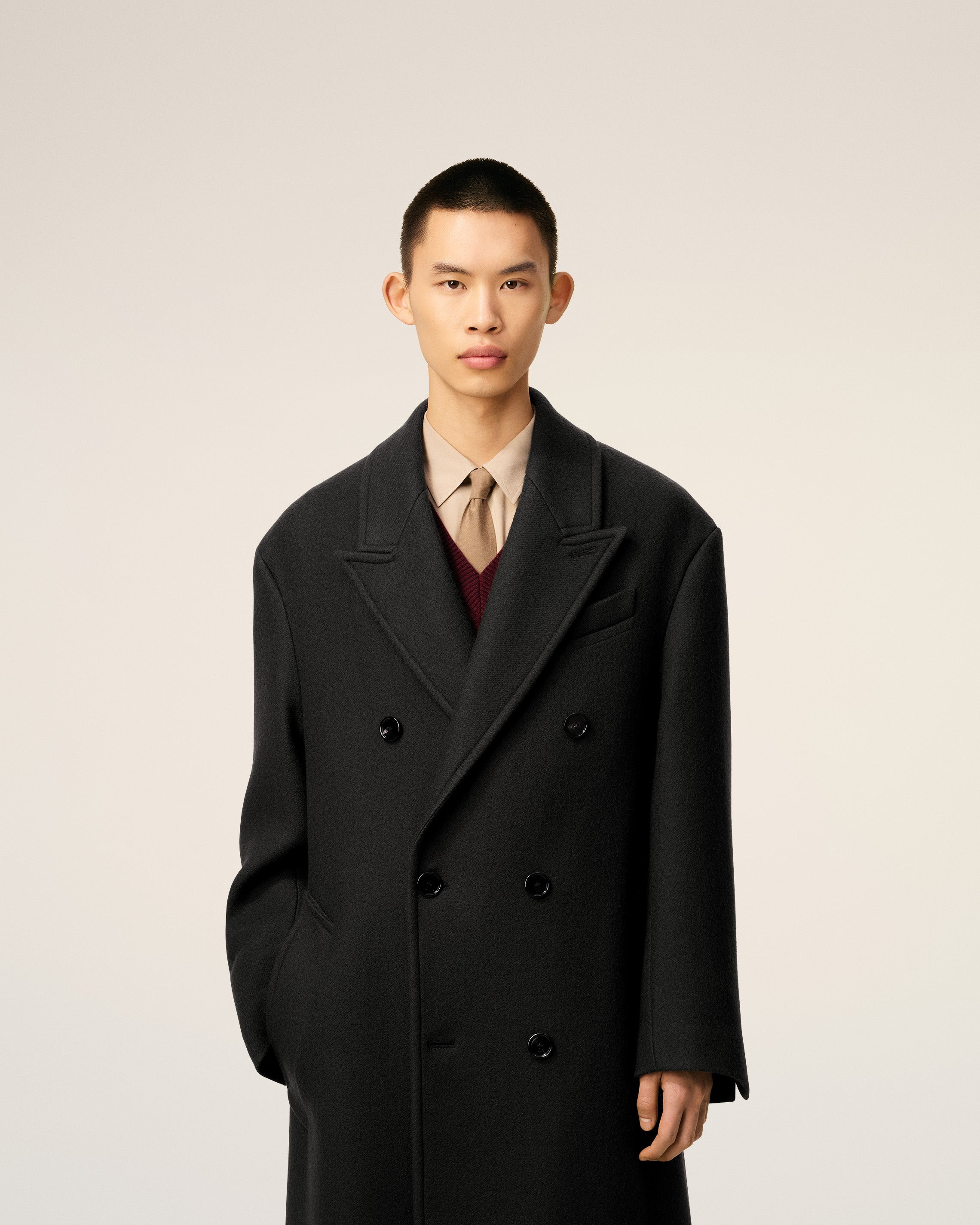 BLACK WOOL DOUBLE BREASTED LONG COAT - 3