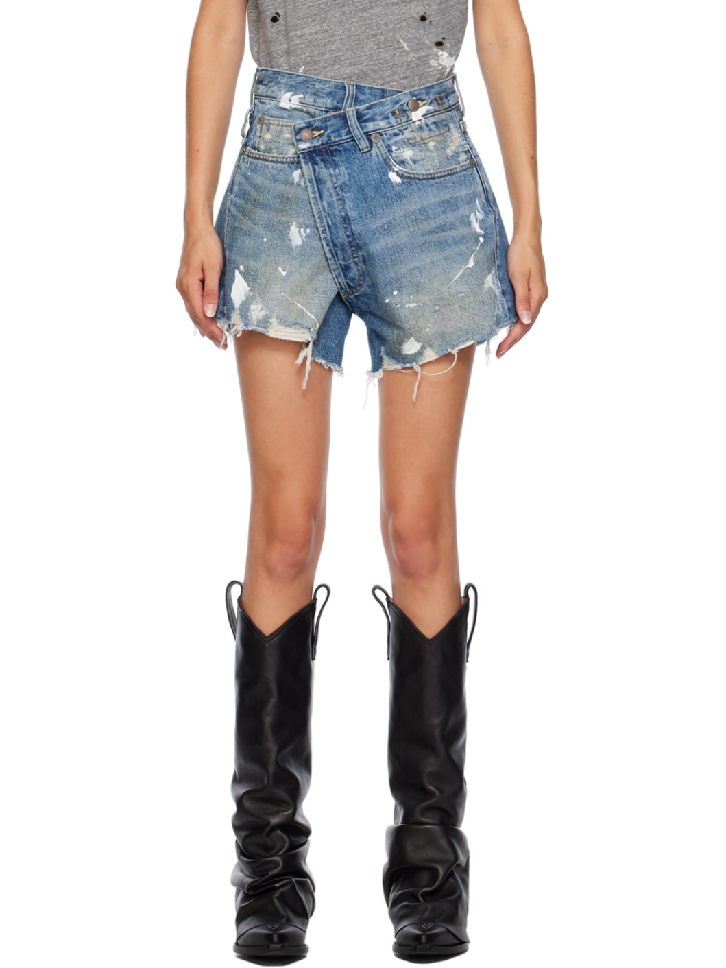 Crossover asymmetric distressed denim shorts