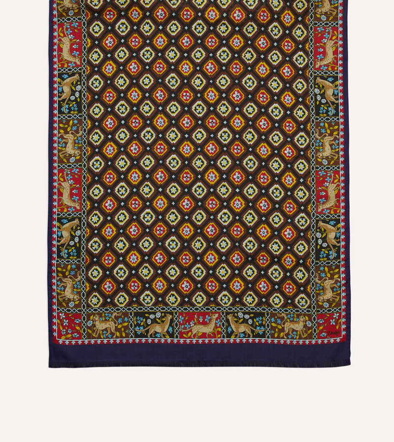 Navy and Brown Animal Border Medallion Print Wool-Silk Scarf 3