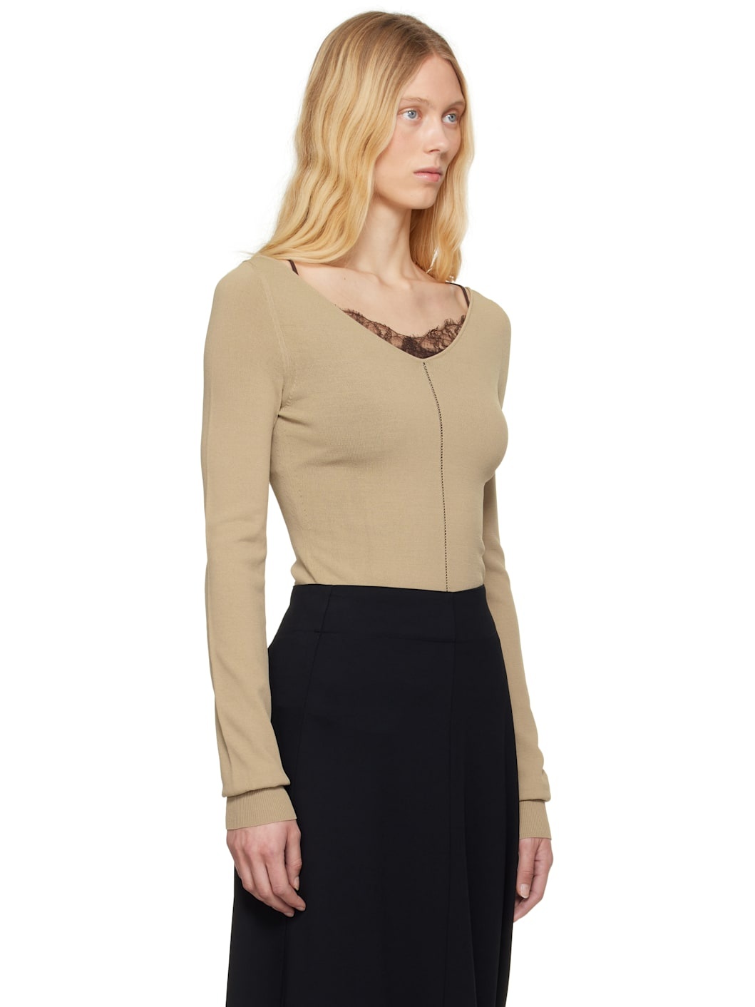 Beige Wide V-Neck Top - 2