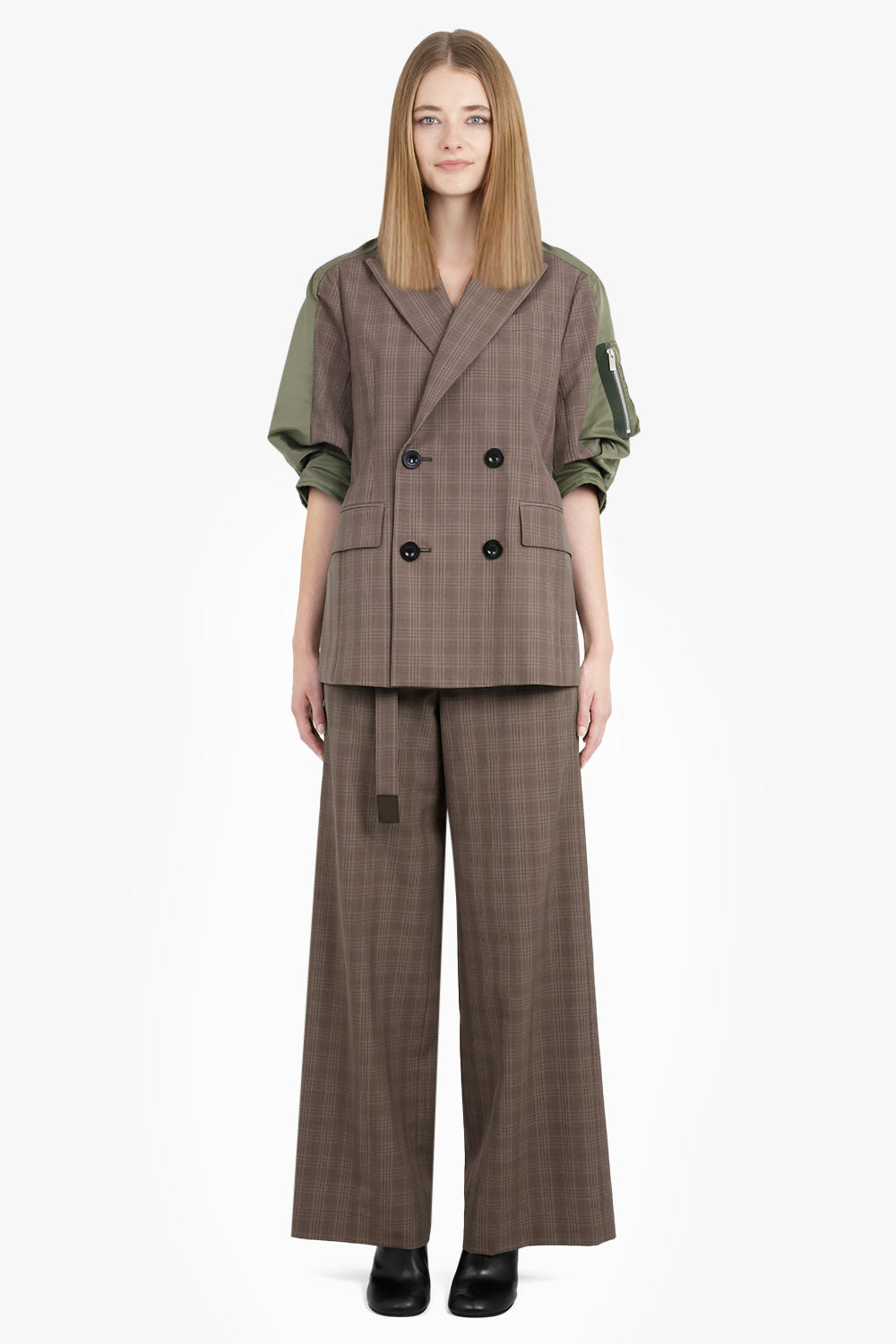 CONTRAST BALLOON S/S DOUBLE BREASTED CHECK JACKET | BROWN/GREEN - 2
