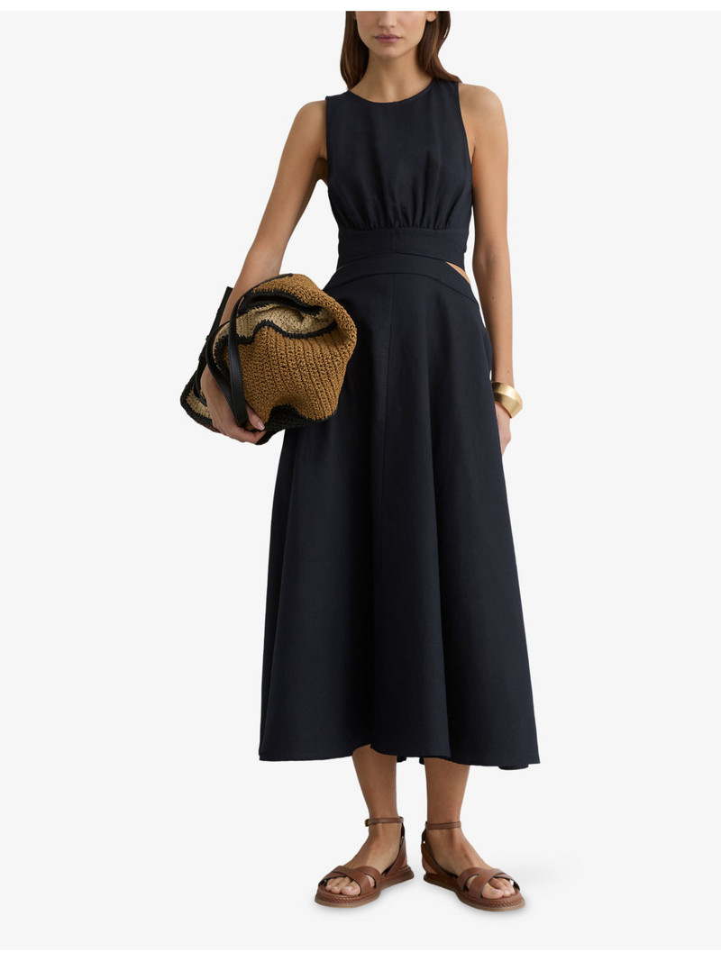 REISS Hazel Cut-Out Linen and Cotton Midi Dress outlook