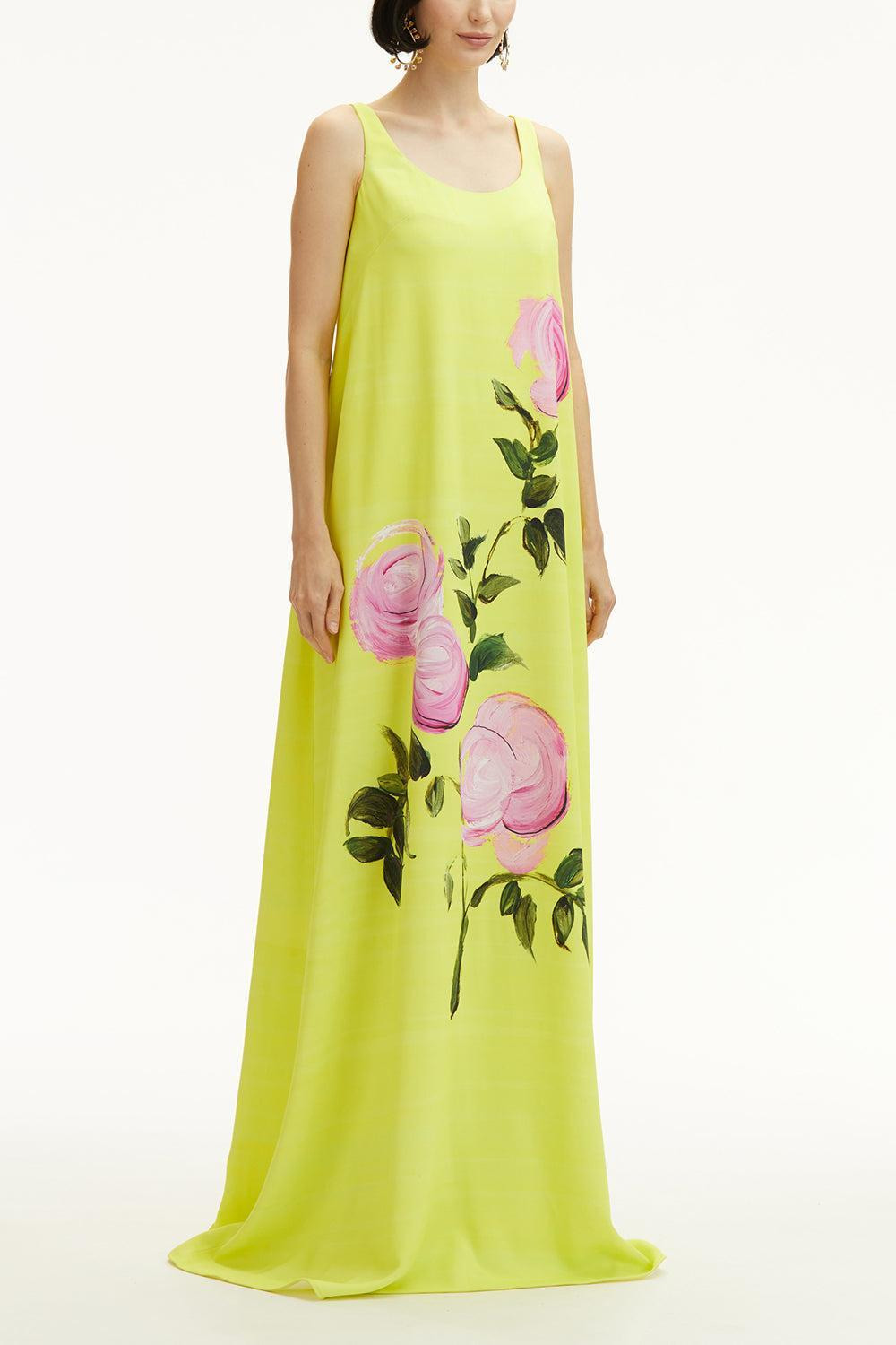 Sleeveless Scoop Neck Painted Roses Dress - 2