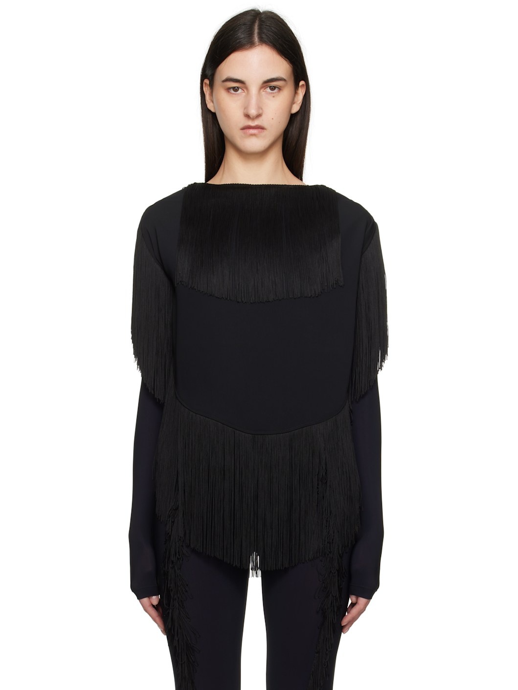 Black Fluid Polyester Fringe Blouse - 1