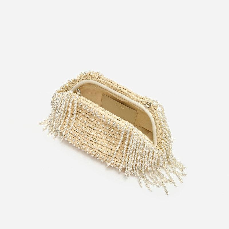 self-portrait Raffia Pearl Fringe Clutch outlook