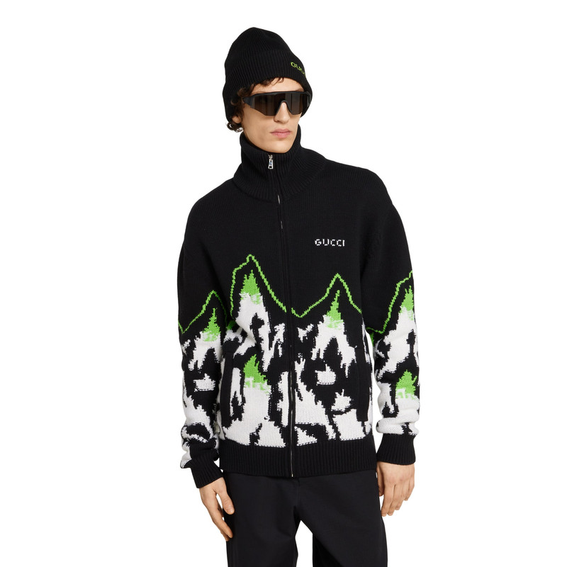 Wool jacquard zip jacket with intarsia 3