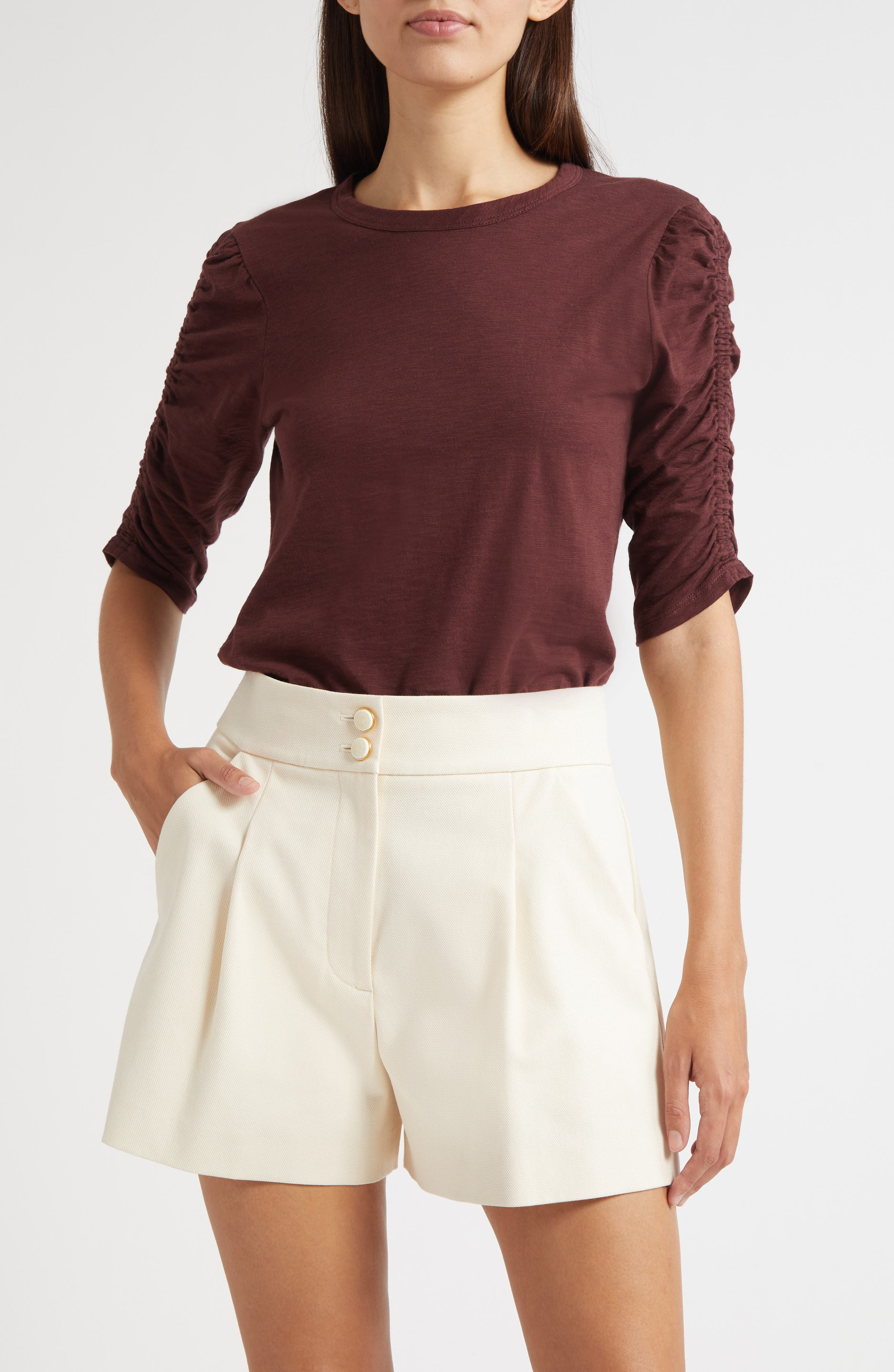 Veronica Beard Waldorf Ruched Sleeve Cotton Slub Top in Raisin at Nordstrom - 1