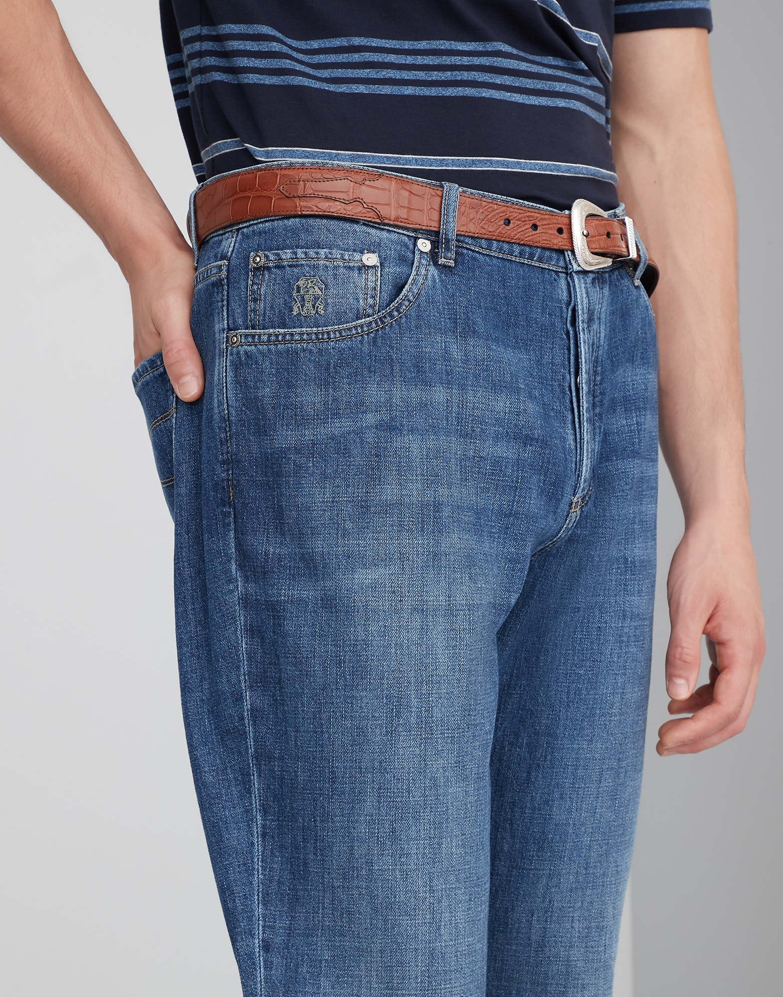 Lightweight denim traditional fit five-pocket trousers - 3