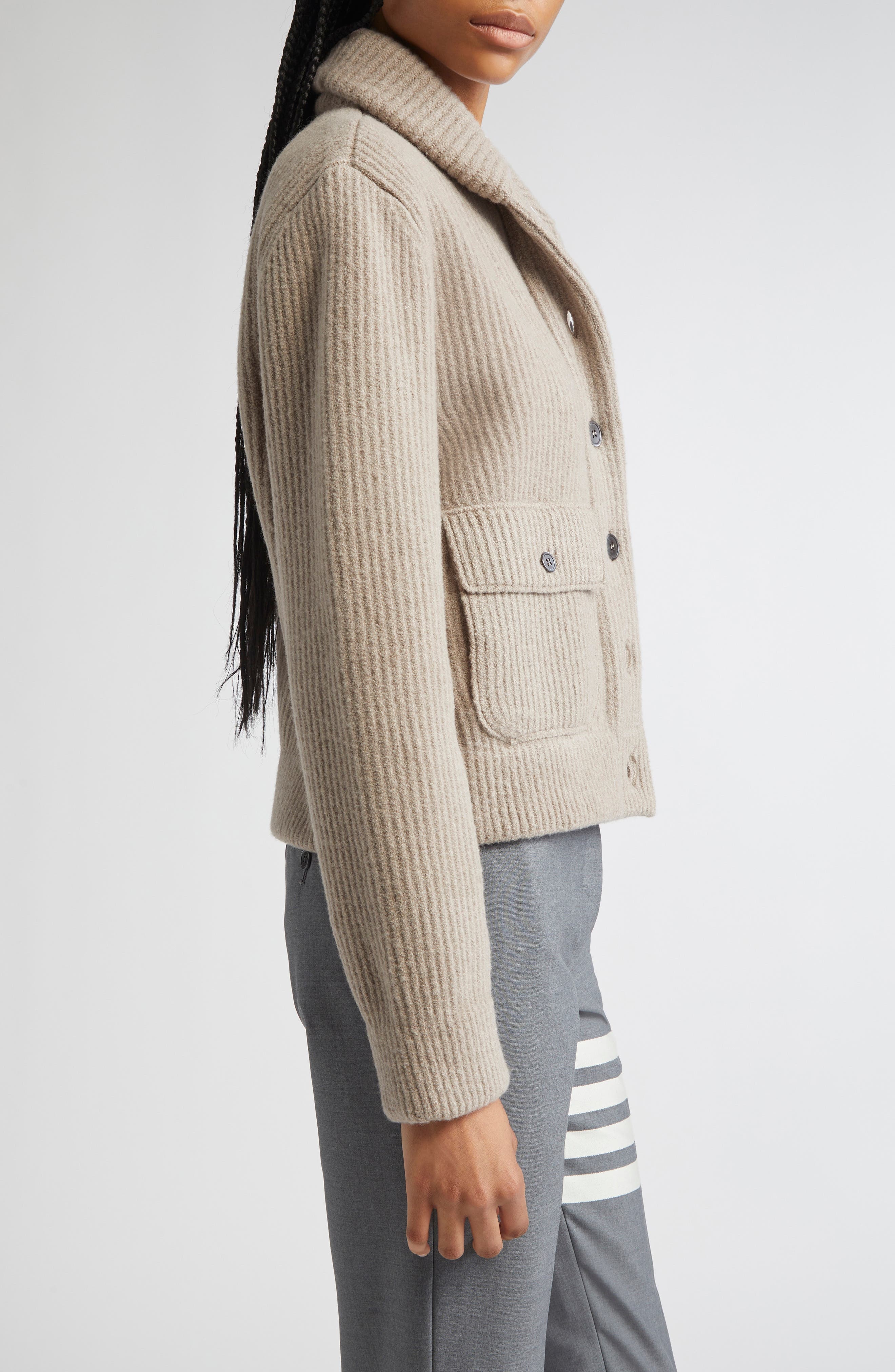 Thom Browne 4-Bar Rib Stitch Wool Blend Bomber Jacket in Medium Brown at Nordstrom - 4