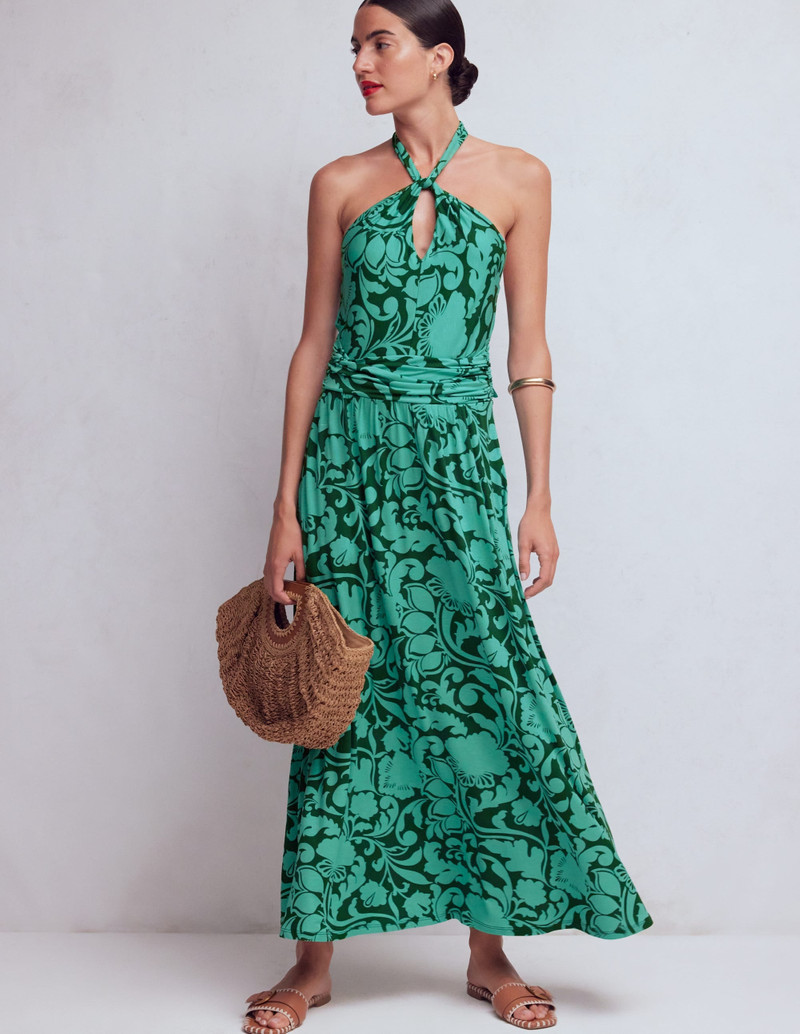 Sydney Twist Neck Jersey Dress-Green, Flourishing Meadow 2