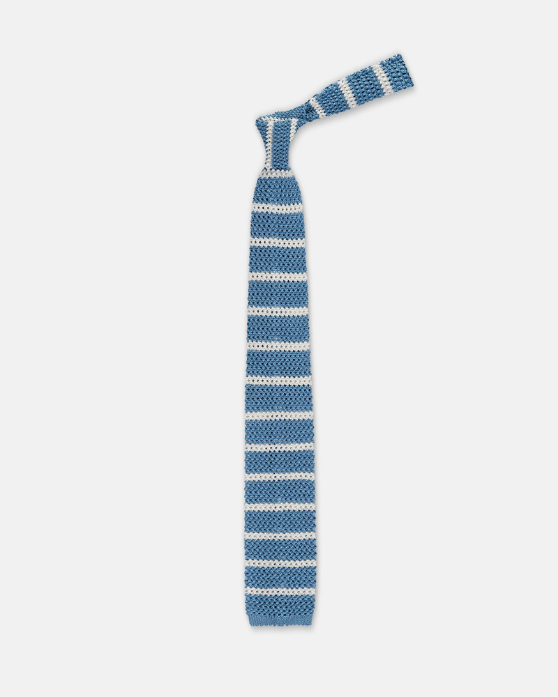 MADE-IN-ITALY LIGHT BLUE & WHITE BAR STRIPE SILK KNIT TIE 1