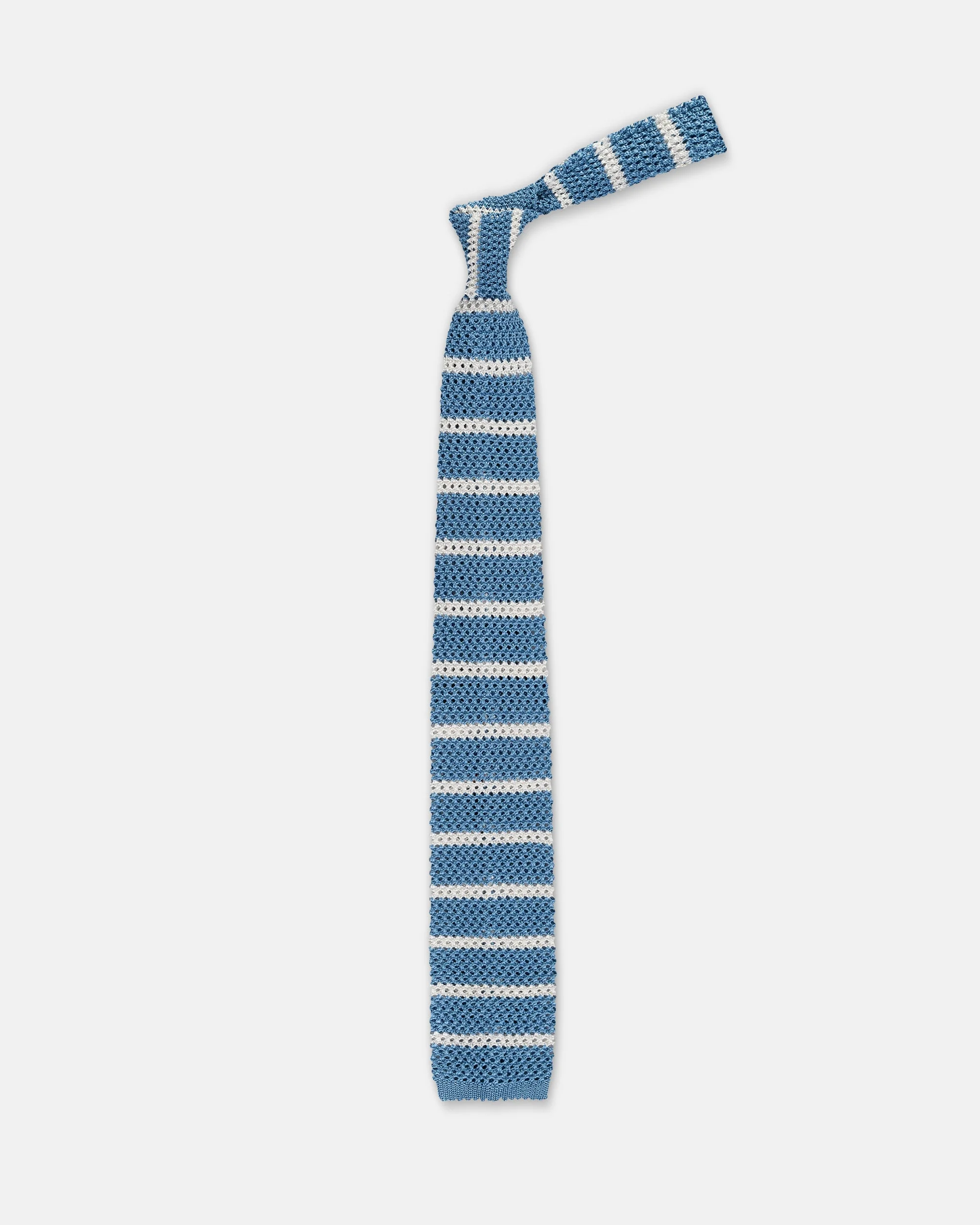MADE-IN-ITALY LIGHT BLUE & WHITE BAR STRIPE SILK KNIT TIE - 1