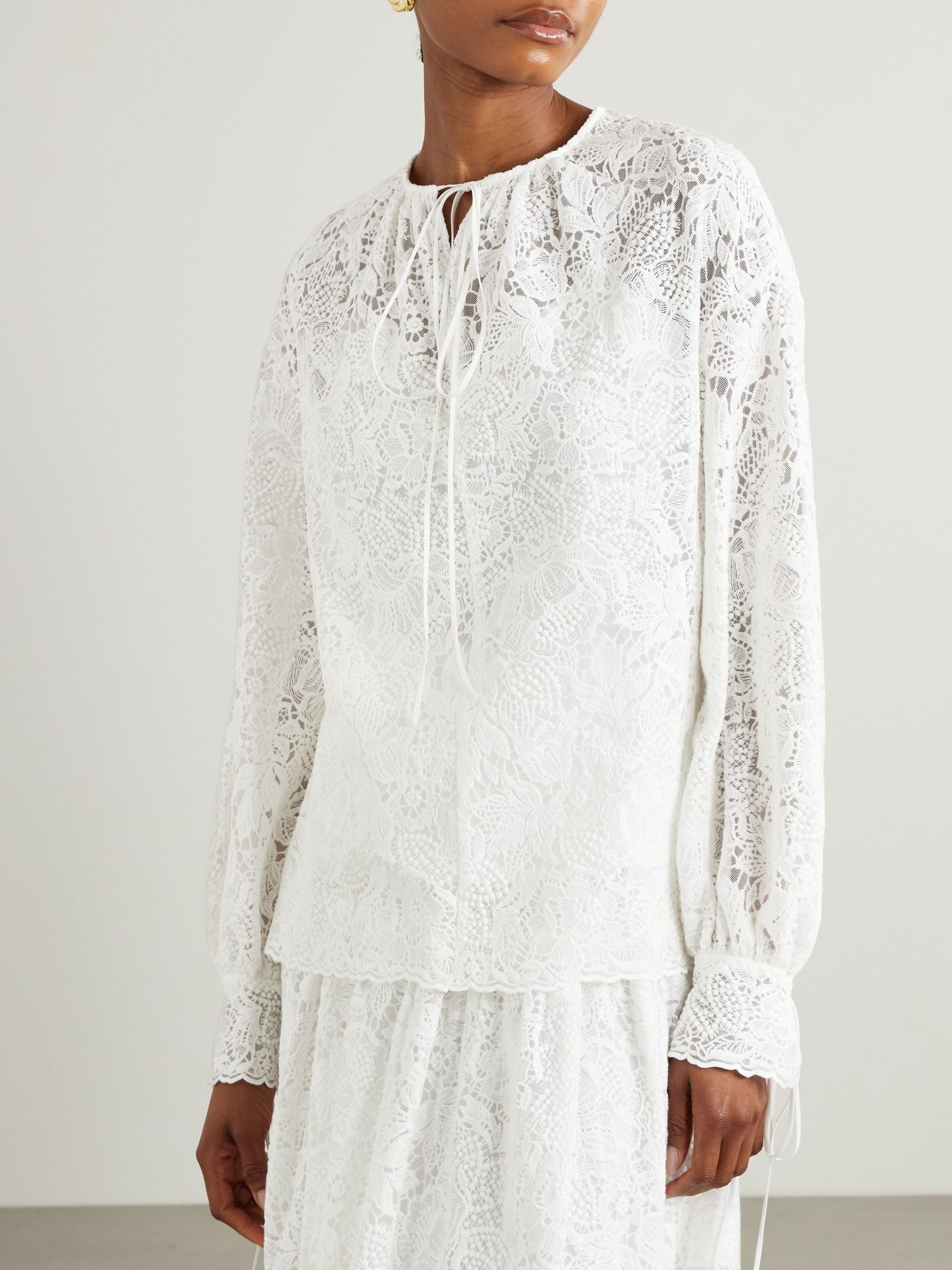 Tie-neck cotton-lace blouse Ivory - 3