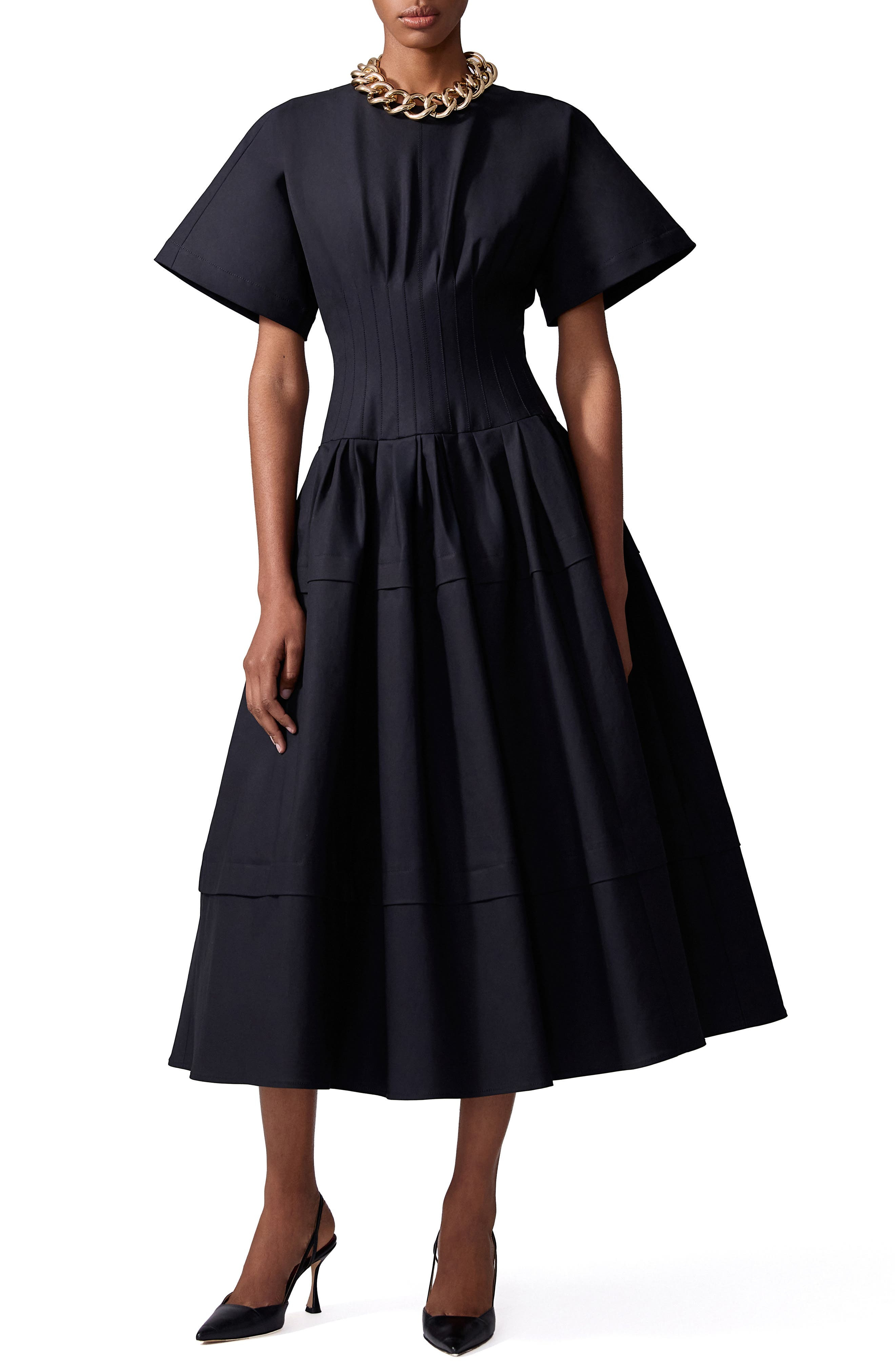 Carolina Herrera Pleated Stretch Cotton Sateen Midi Dress in Black at Nordstrom - 1