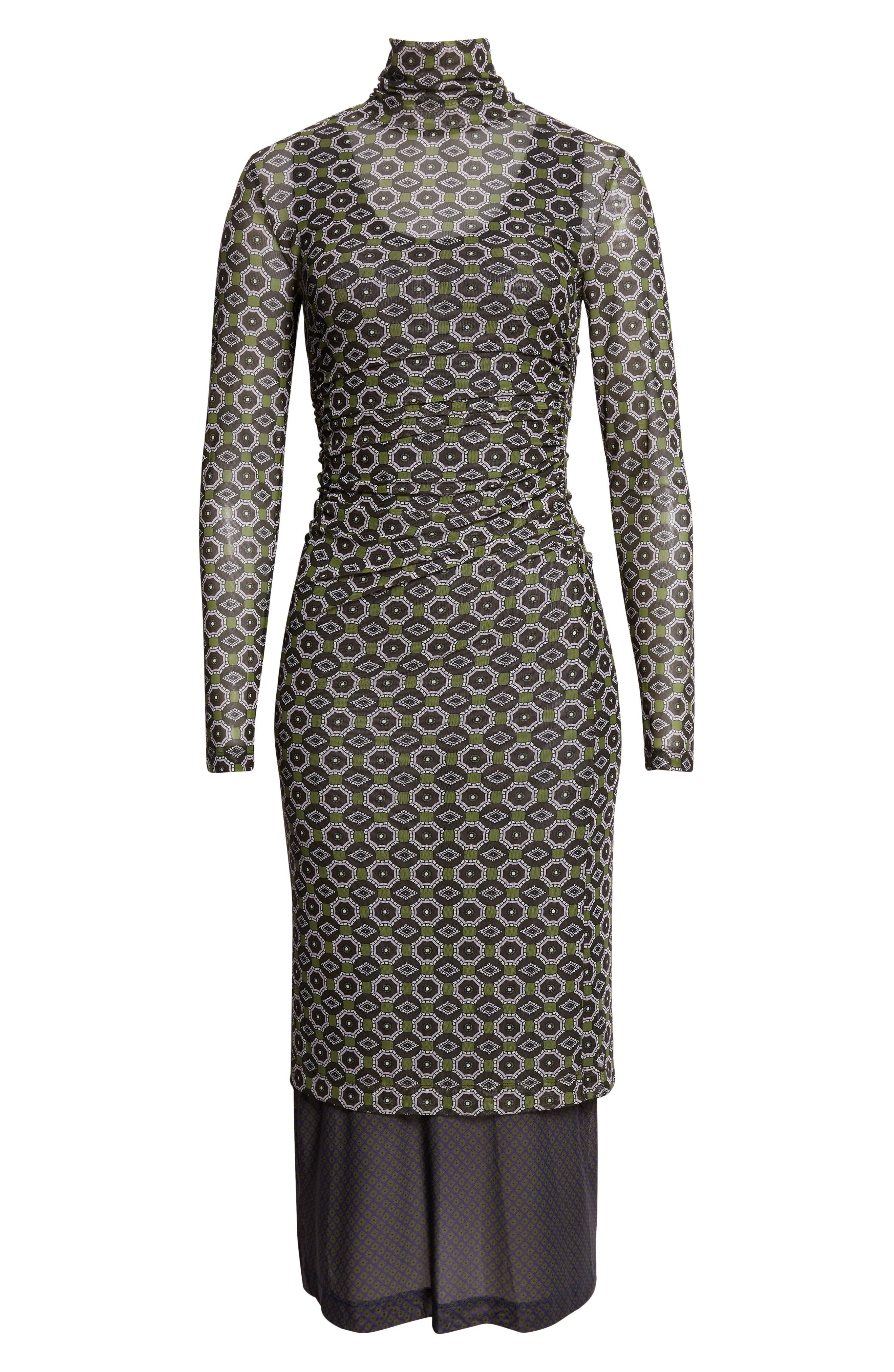 Dries Van Noten Hofes Tie Print Layered Long Sleeve Mesh Midi Dress in Green at Nordstrom - 5