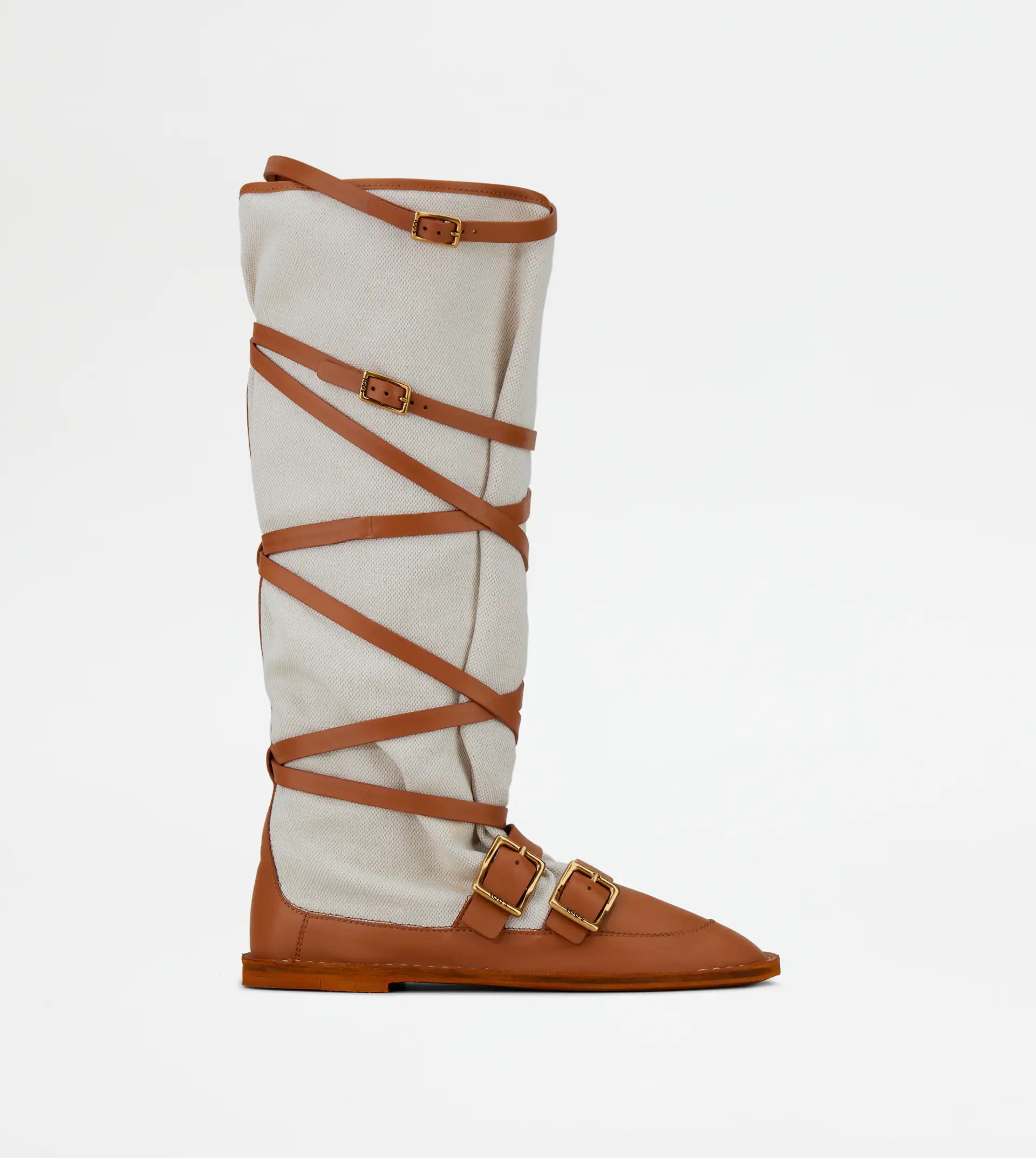BOOTS IN LEATHER AND CANVAS - OFF WHITE, BEIGE - 1