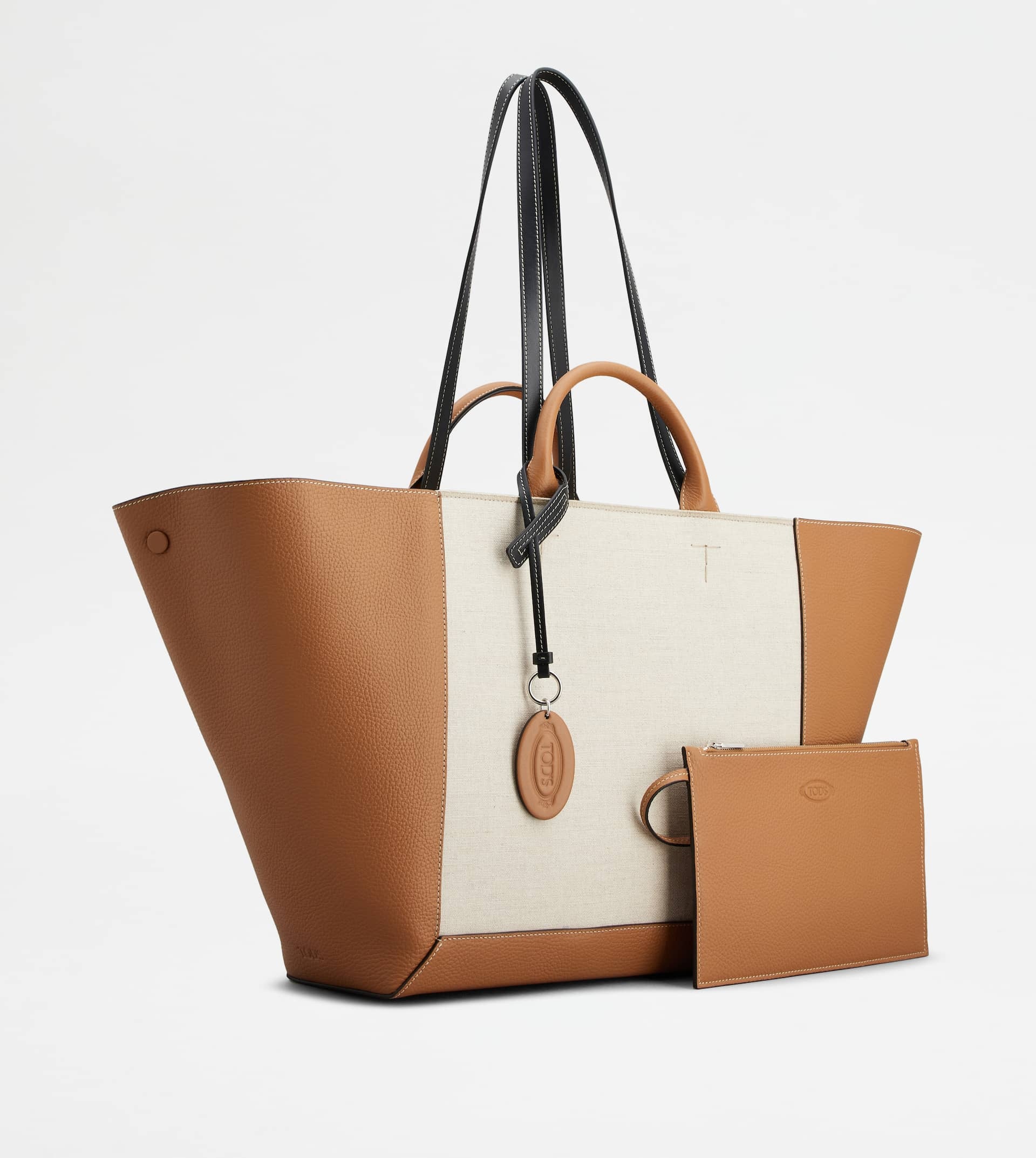 TOD'S DOUBLE UP SHOPPING BAG IN LEATHER AND CANVAS LARGE - BROWN, OFF WHITE - 3