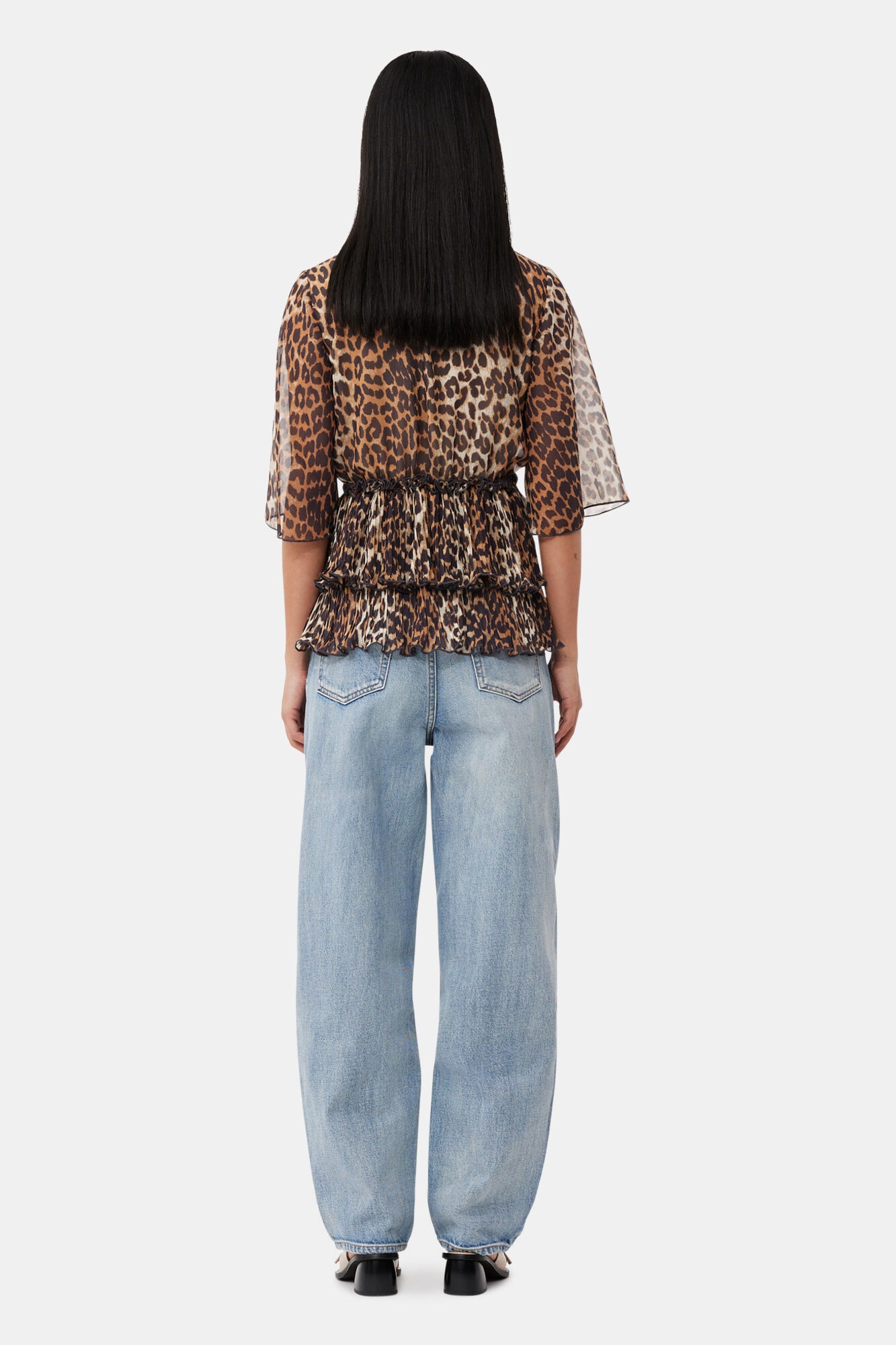 LEOPARD PLEATED GEORGETTE V-NECK FLOUNCE BLOUSE - 4