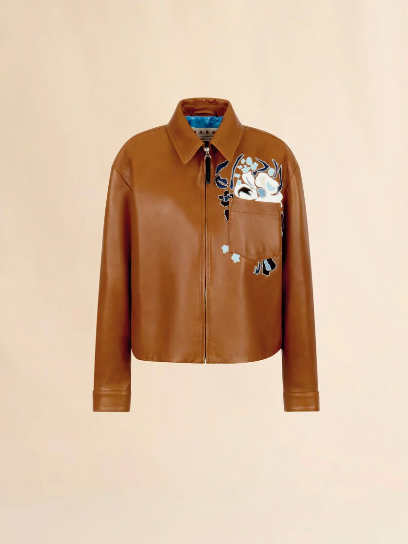 BROWN LEATHER OVERSHIRT WITH FLOWER INTARSIA - 1