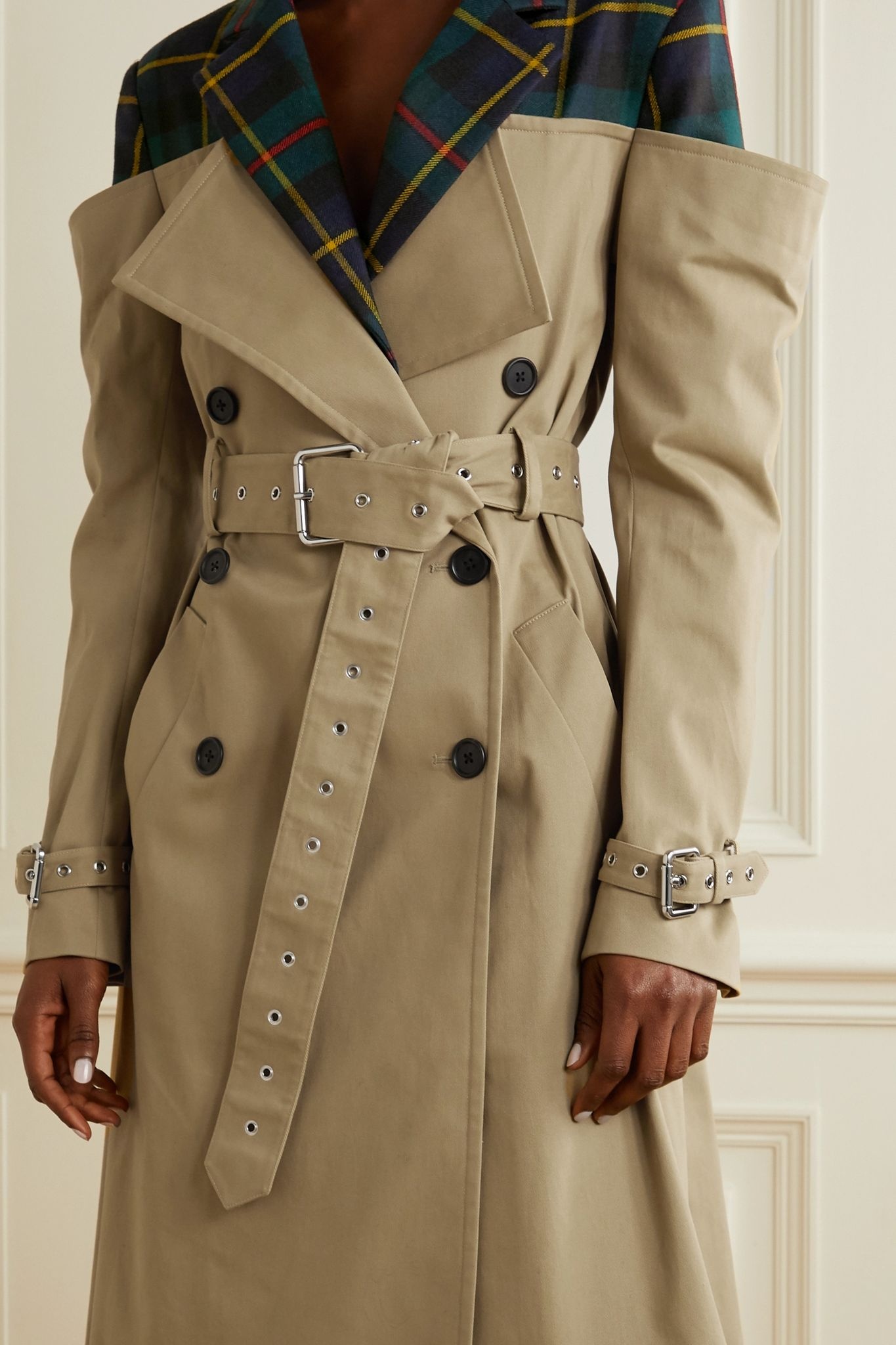 Deconstructed checked wool-twill and cotton-blend gabardine trench coat - 3