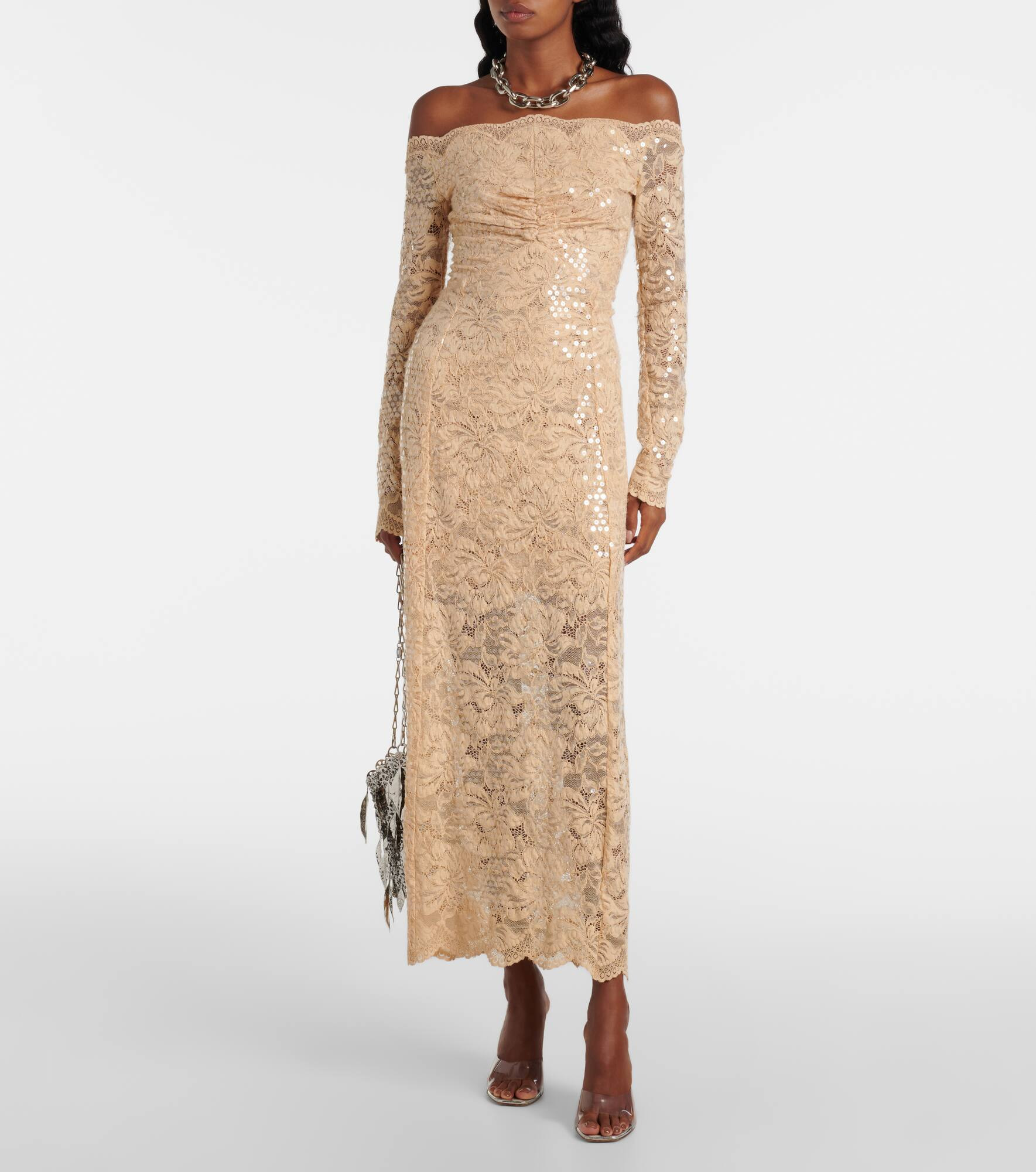 Sequined off-shoulder lace maxi dress - 2