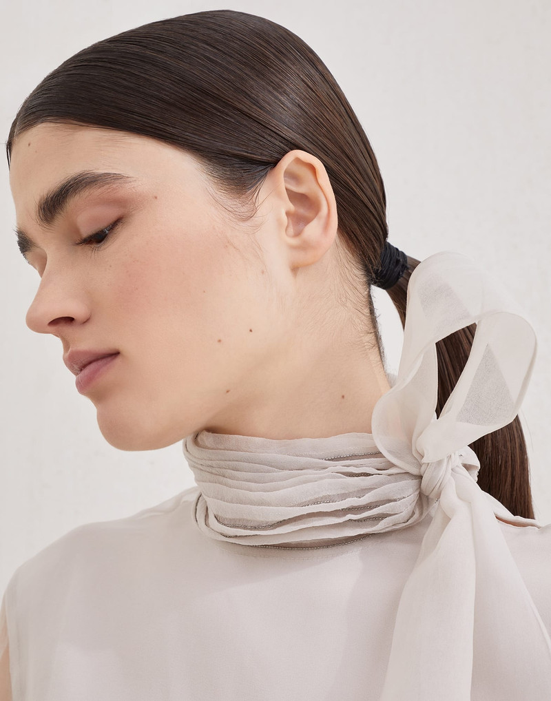 Crispy silk pussybow blouse with monili 3