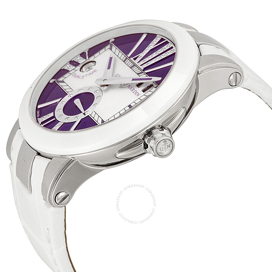 Ulysse Nardin Executive Dual Time Purple Dial Diamond White Leather Ladies Watch 243-10-30-07 - 2