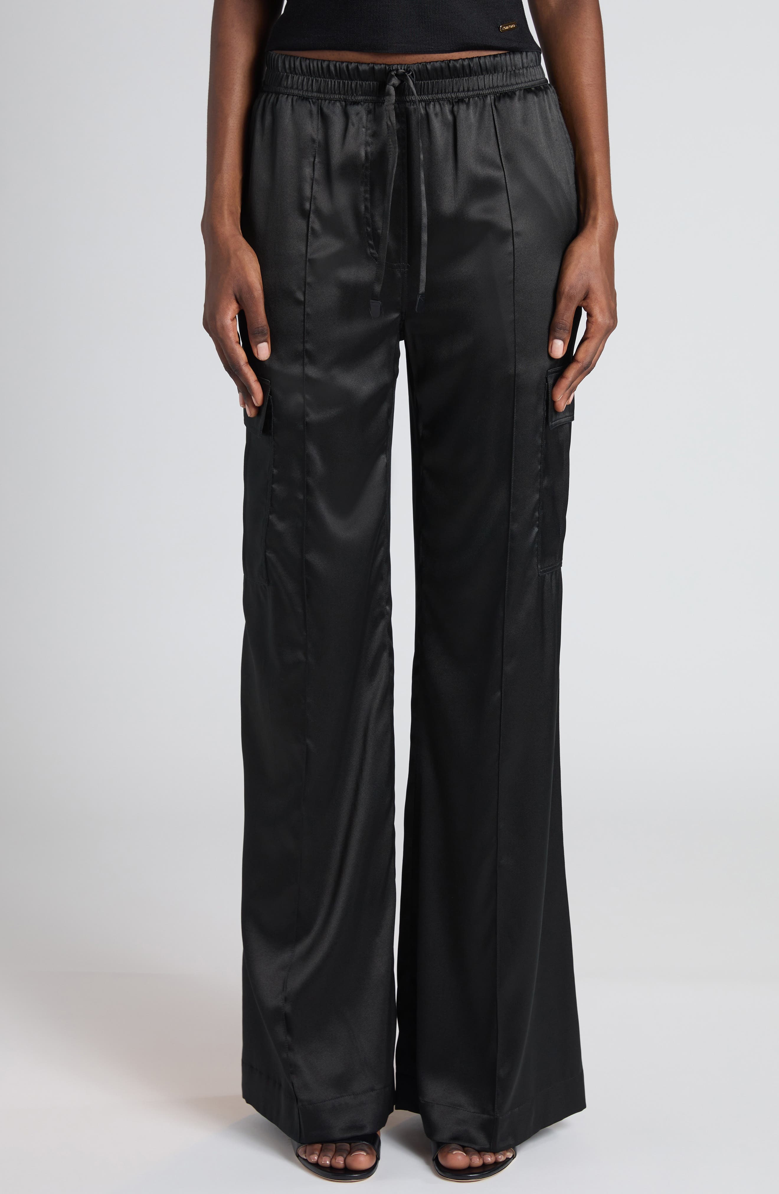 TOM FORD Stretch Silk Satin Flare Leg Cargo Pajama Pants in Black at Nordstrom - 5