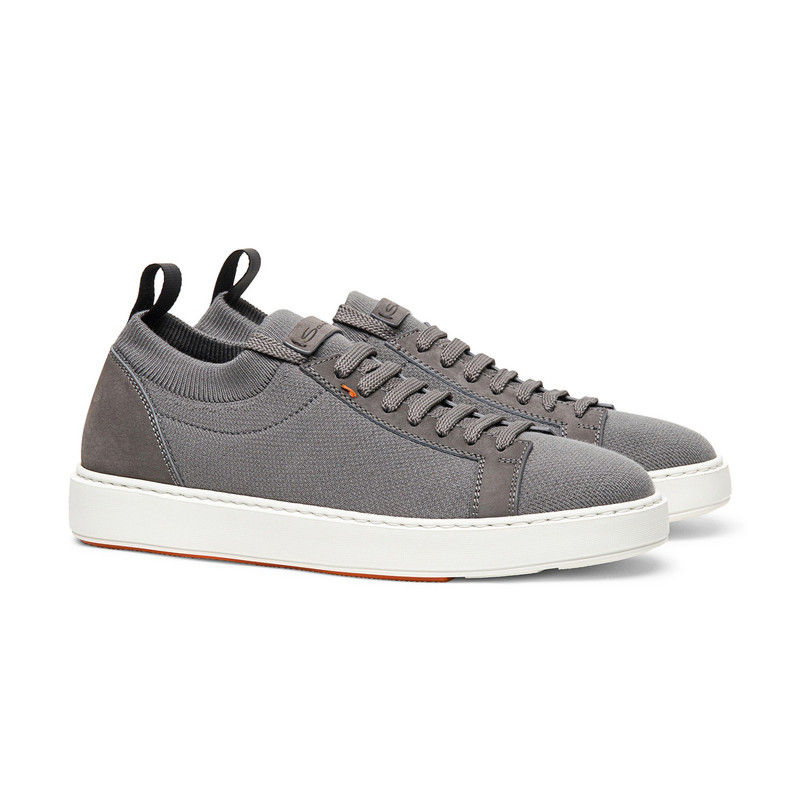 Santoni Men's grey nubuck and stretch knit sneaker outlook