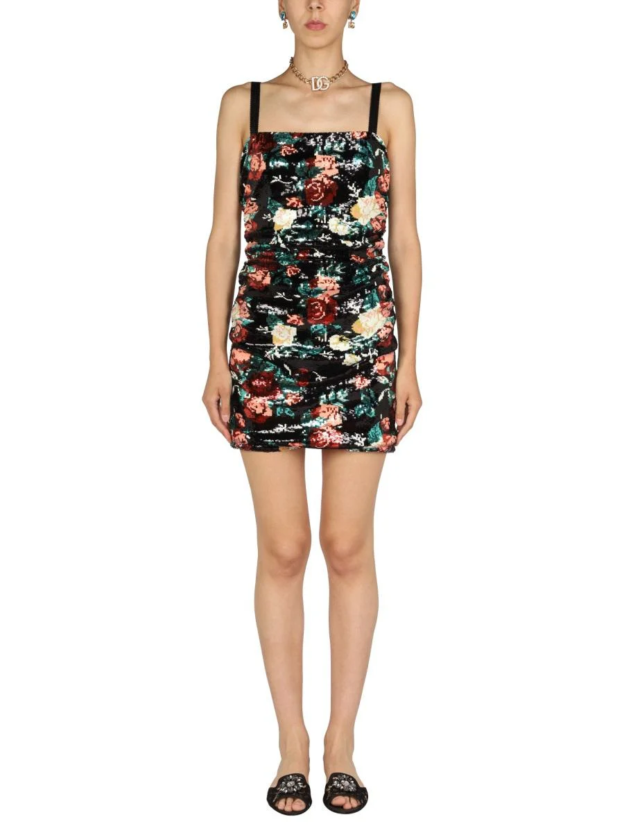 DOLCE & GABBANA ROSE EMBROIDERY SHORT DRESS - 1