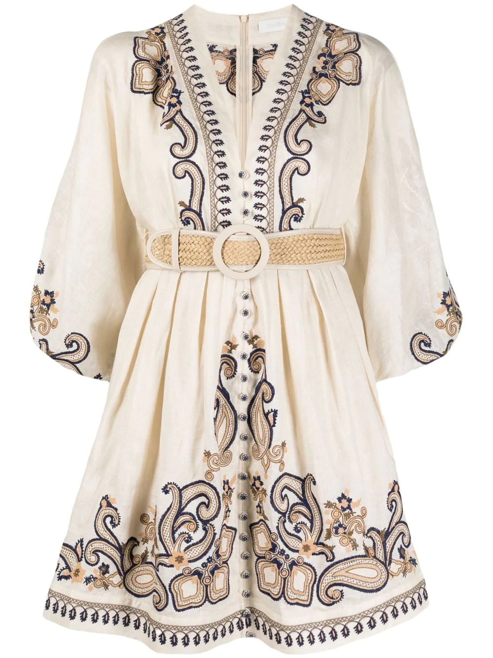 paisley-embroidered belted dress - 1