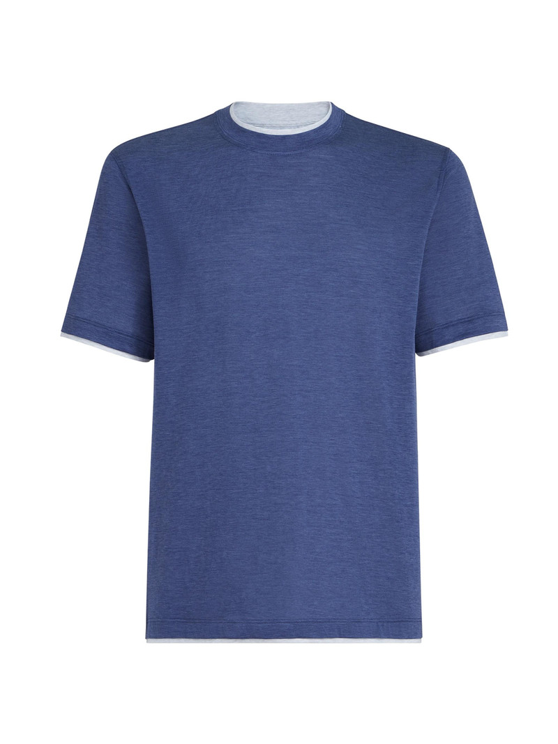 Men's Silk and Cotton Jersey Crew-Neck T-Shirt with Faux Layering - Denim 1