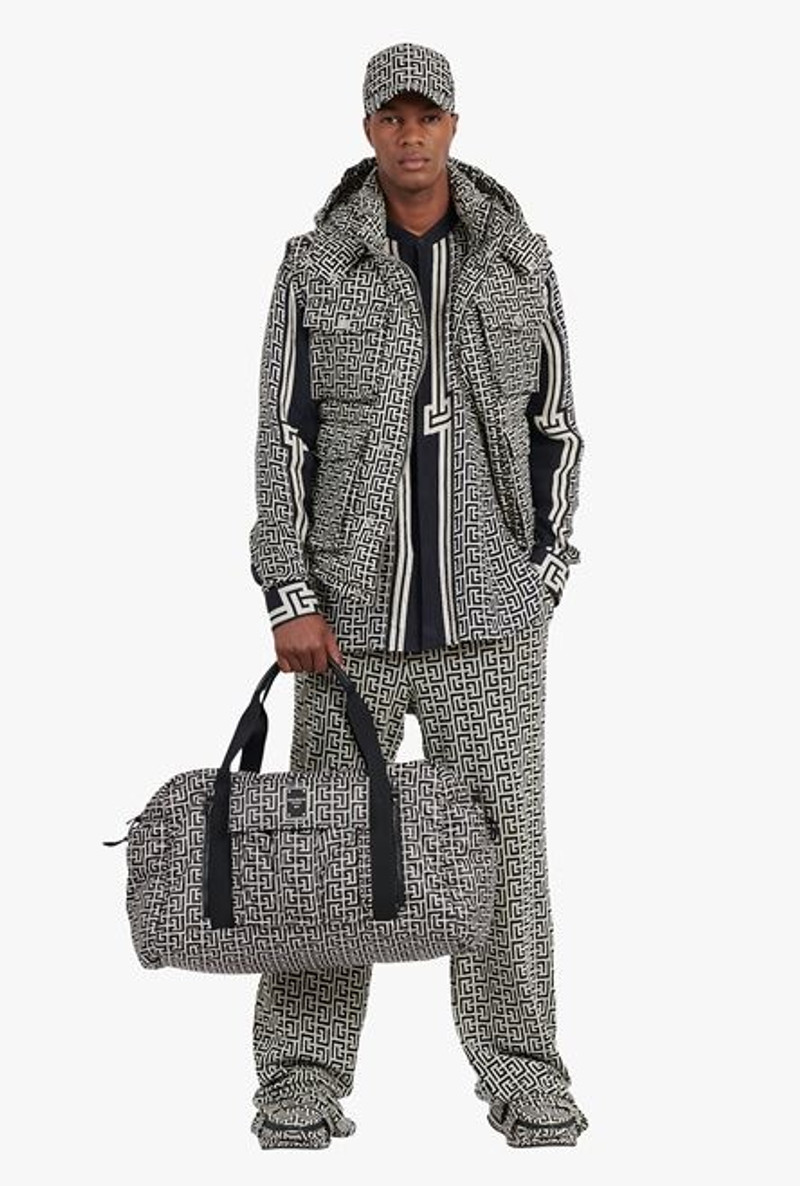 Balmain Ivory and black nylon quilted vest with Balmain monogram and hood outlook
