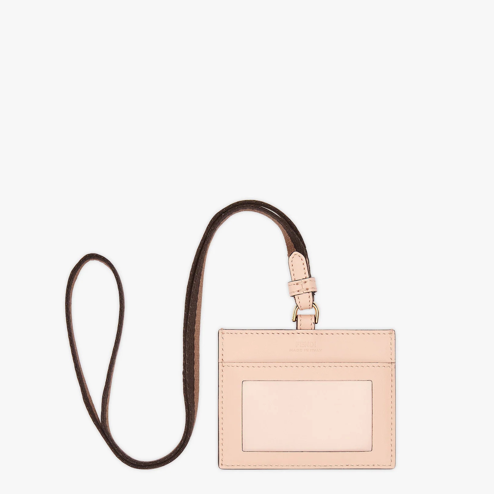 Fendi Roma name badge with a flat pocket and Pequin ribbon strap. Made of pale pink leather. Embelli - 2