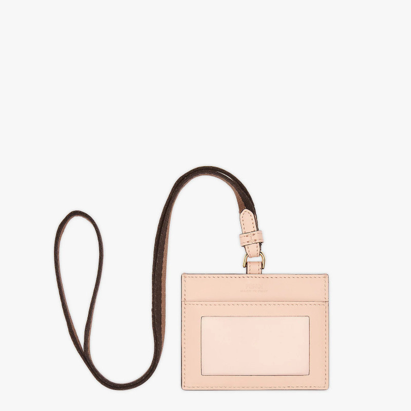 FENDI Fendi Roma name badge with a flat pocket and Pequin ribbon strap. Made of pale pink leather. Embelli outlook