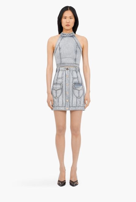 Short blue denim high-waisted skirt - 4