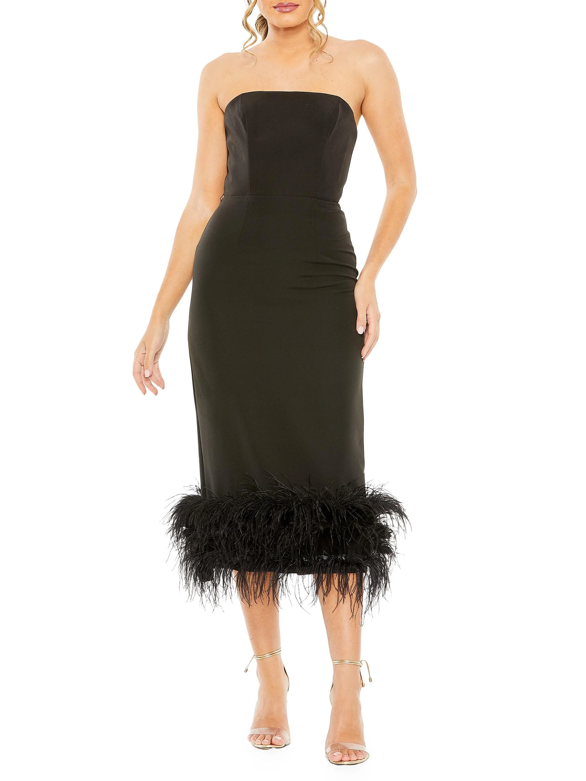 Women's Feather-Trim Strapless Midi-Dress - Black - 1