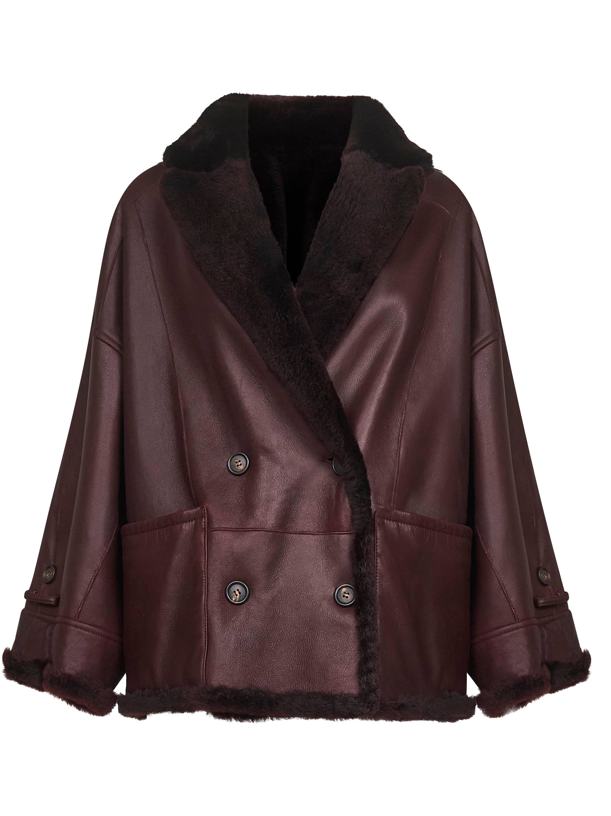 Brunello Cucinelli Women Burgundy Nappa Leather And Fur Reversible Caban - 3