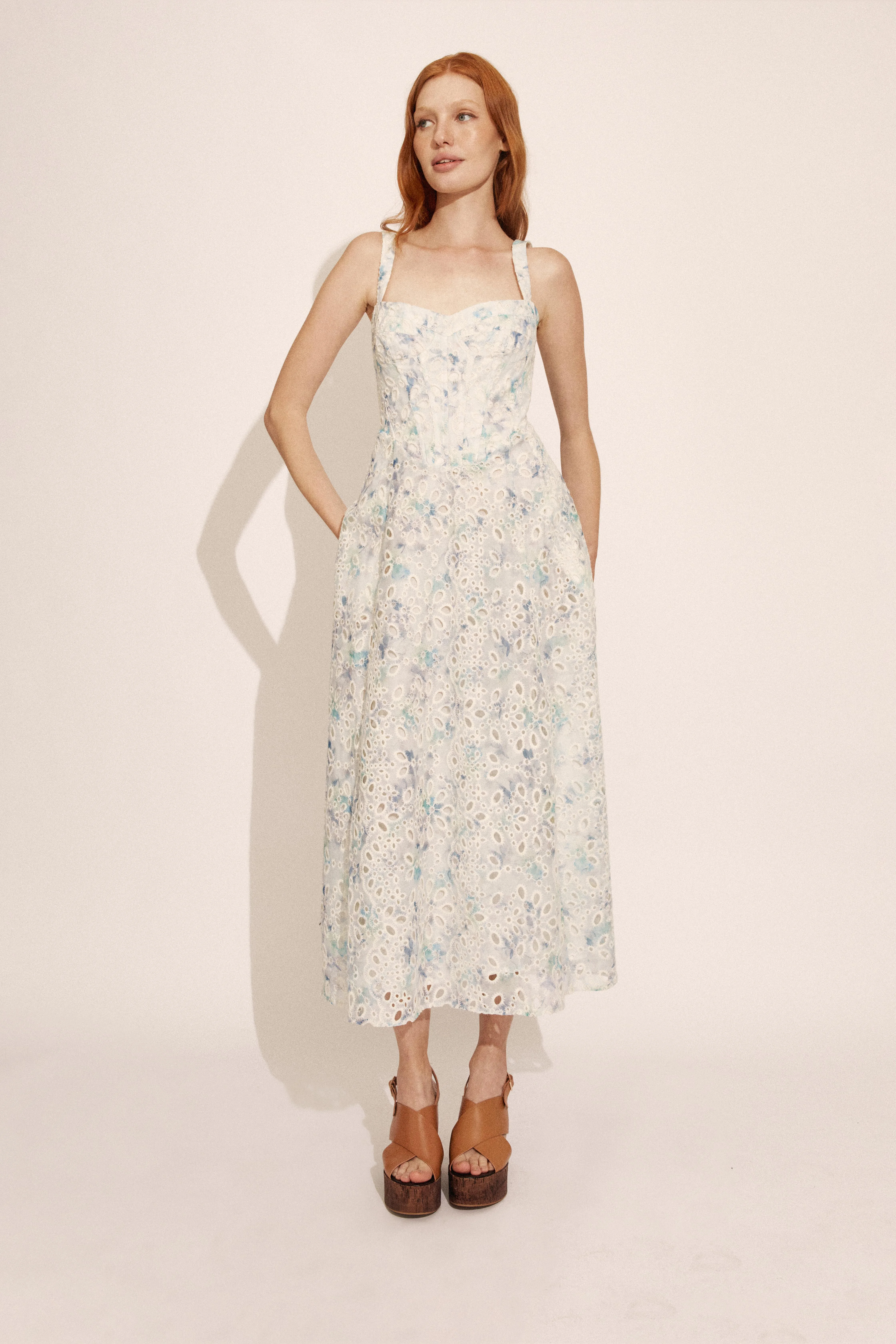 Adaline Broderie Midi Dress In Blue & White - 1
