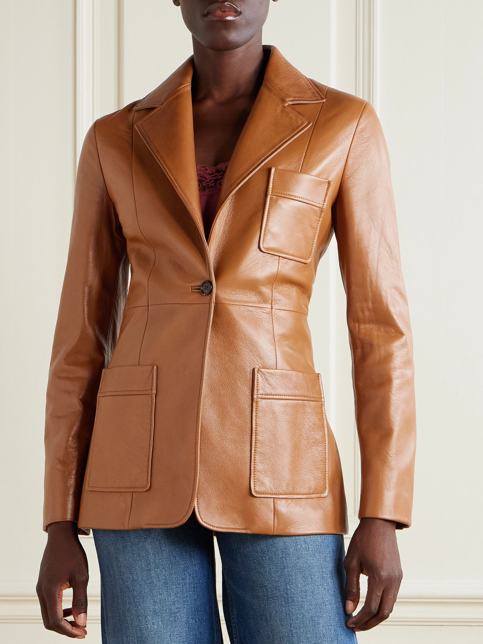 Paneled leather jacket Tan - 3