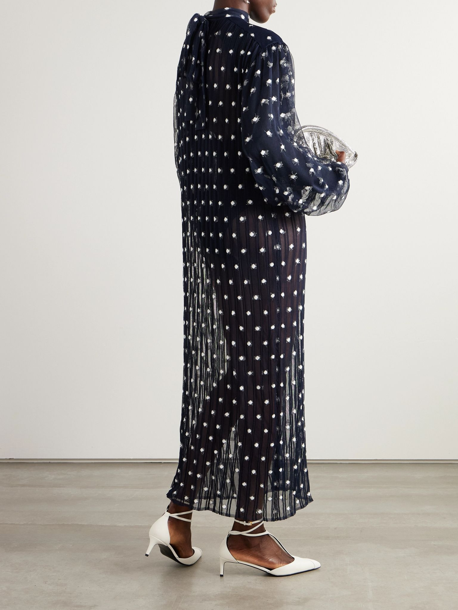 Polka-dot chiffon-trimmed ribbed-knit midi dress Navy - 3