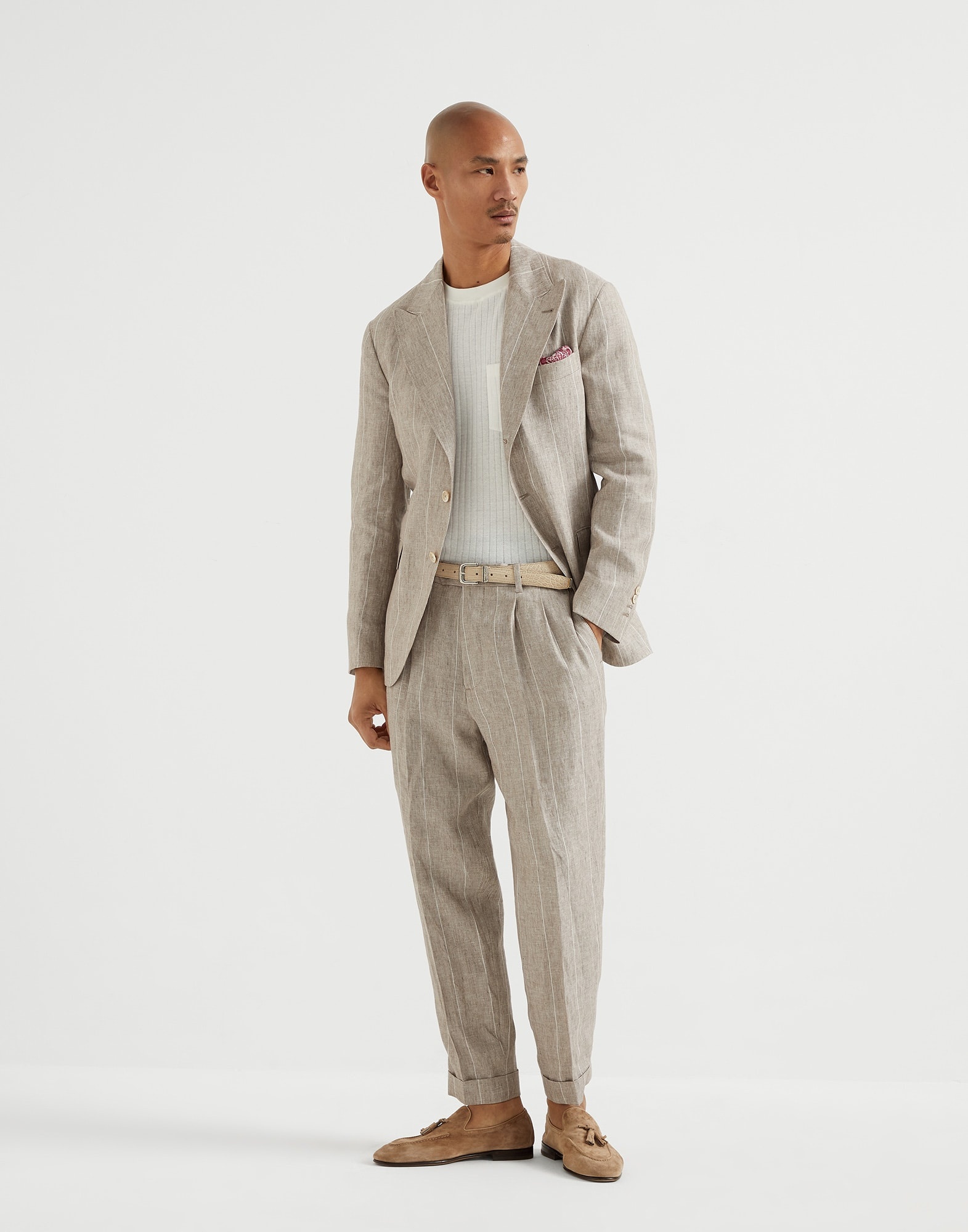 Linen wide chalk stripe deconstructed blazer with large peak lapels - 5