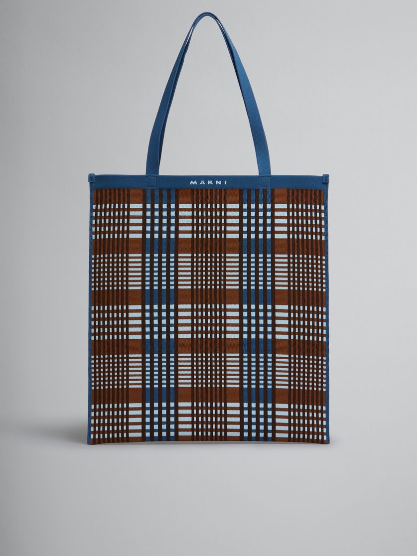 BLUE AND BROWN JACQUARD CHECK FLAT TOTE BAG - 1