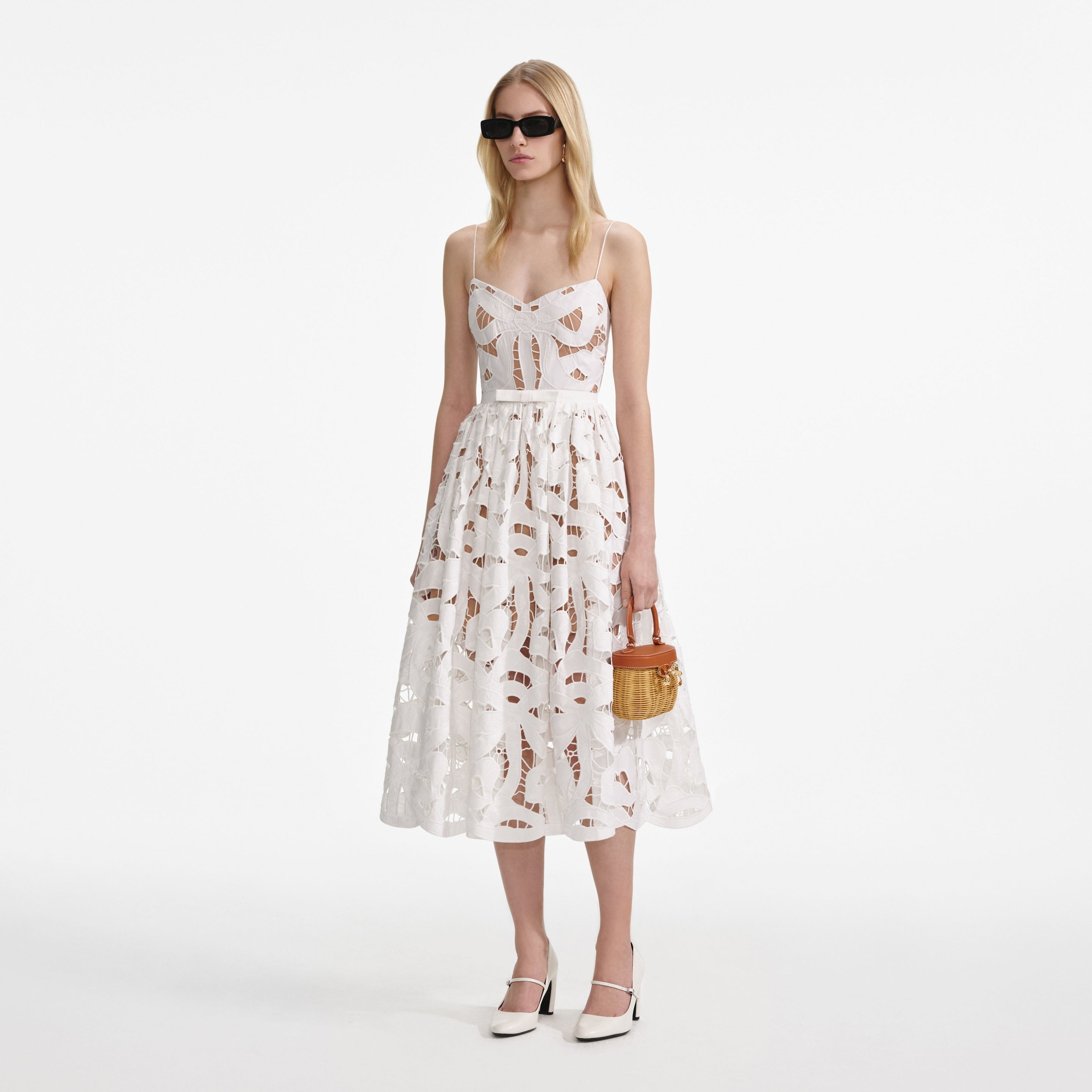 White Bow Embroidered Midi Dress - 2