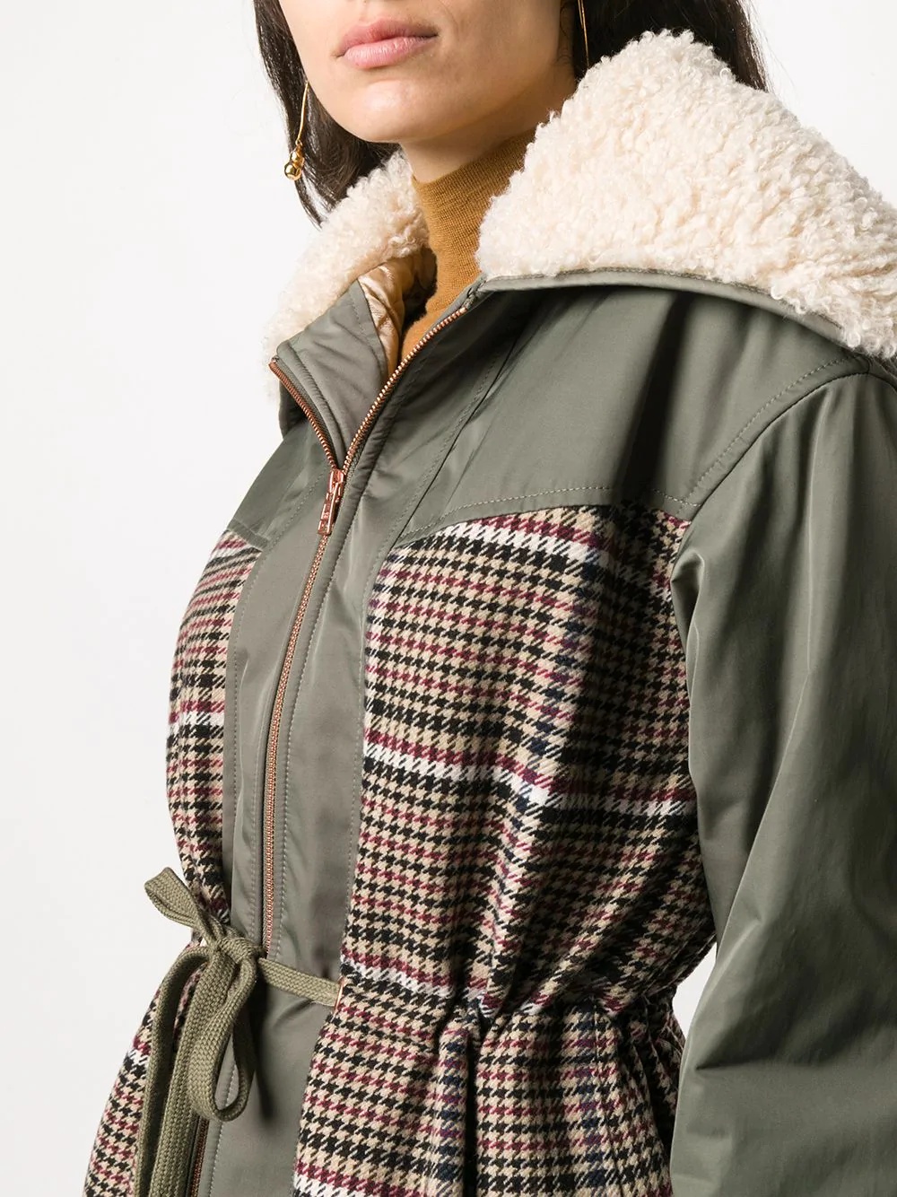 checked panel shearling parka  - 5