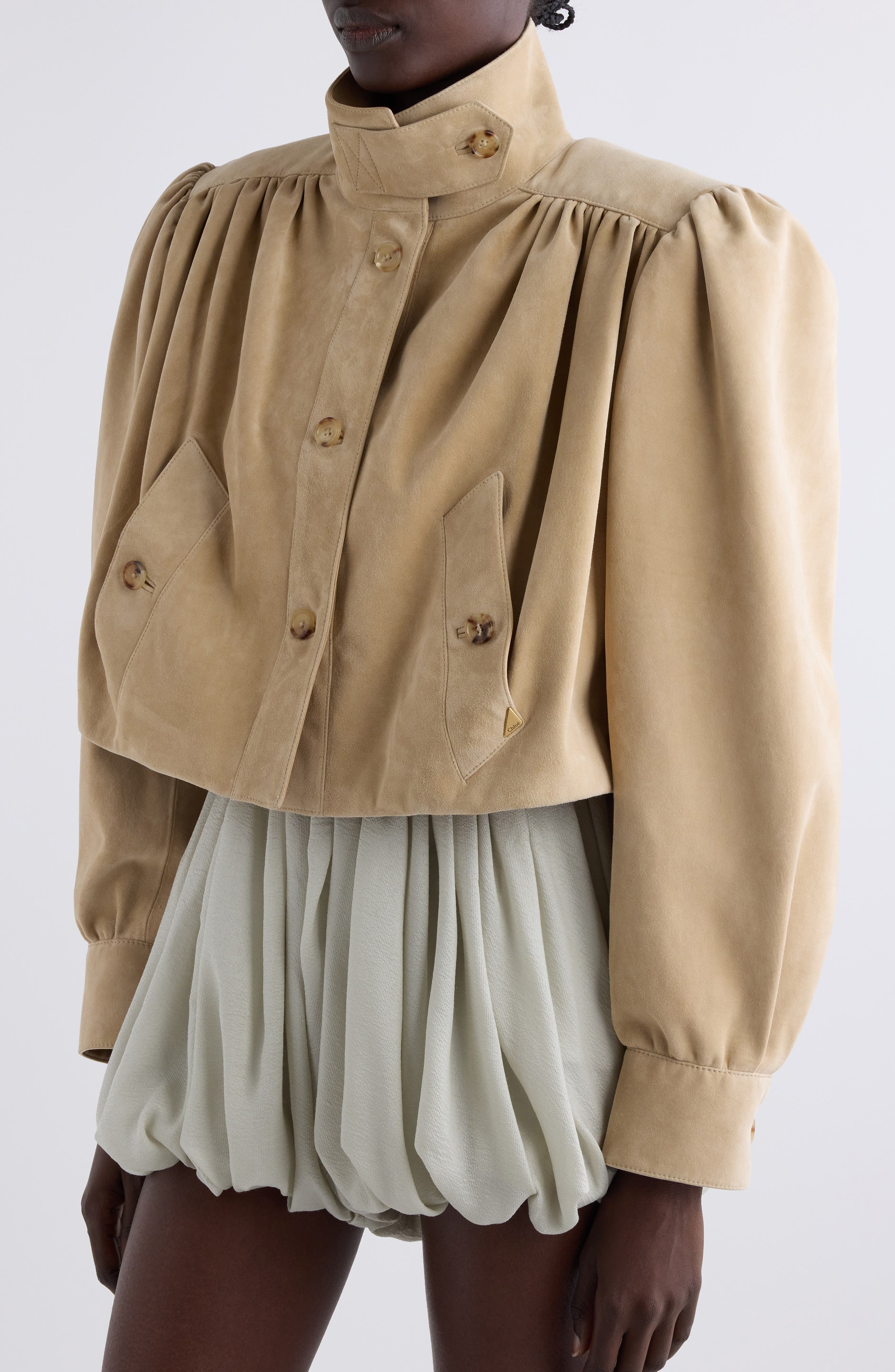 Chloé Puff Shoulder Suede Crop Jacket in Blossom Beige at Nordstrom - 5