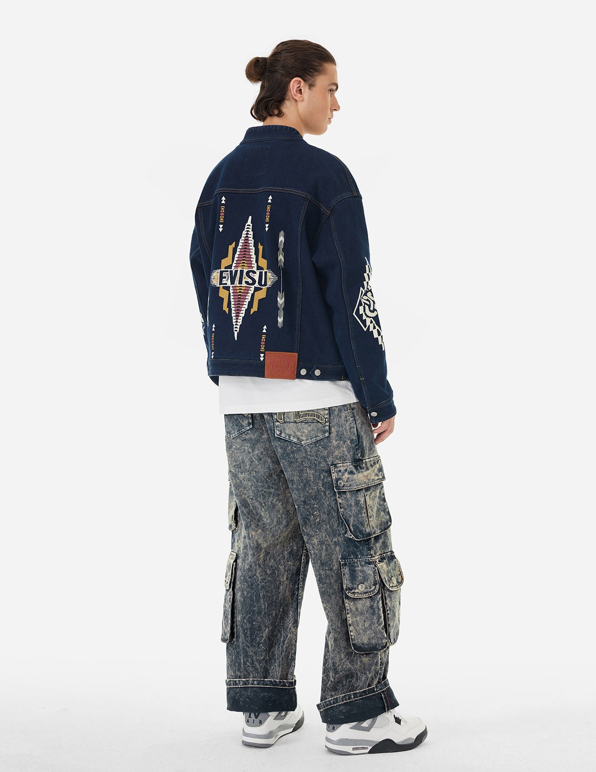 Seagull Print and Multi-Pockets Acid Wash Baggy Cargo Jeans - 4