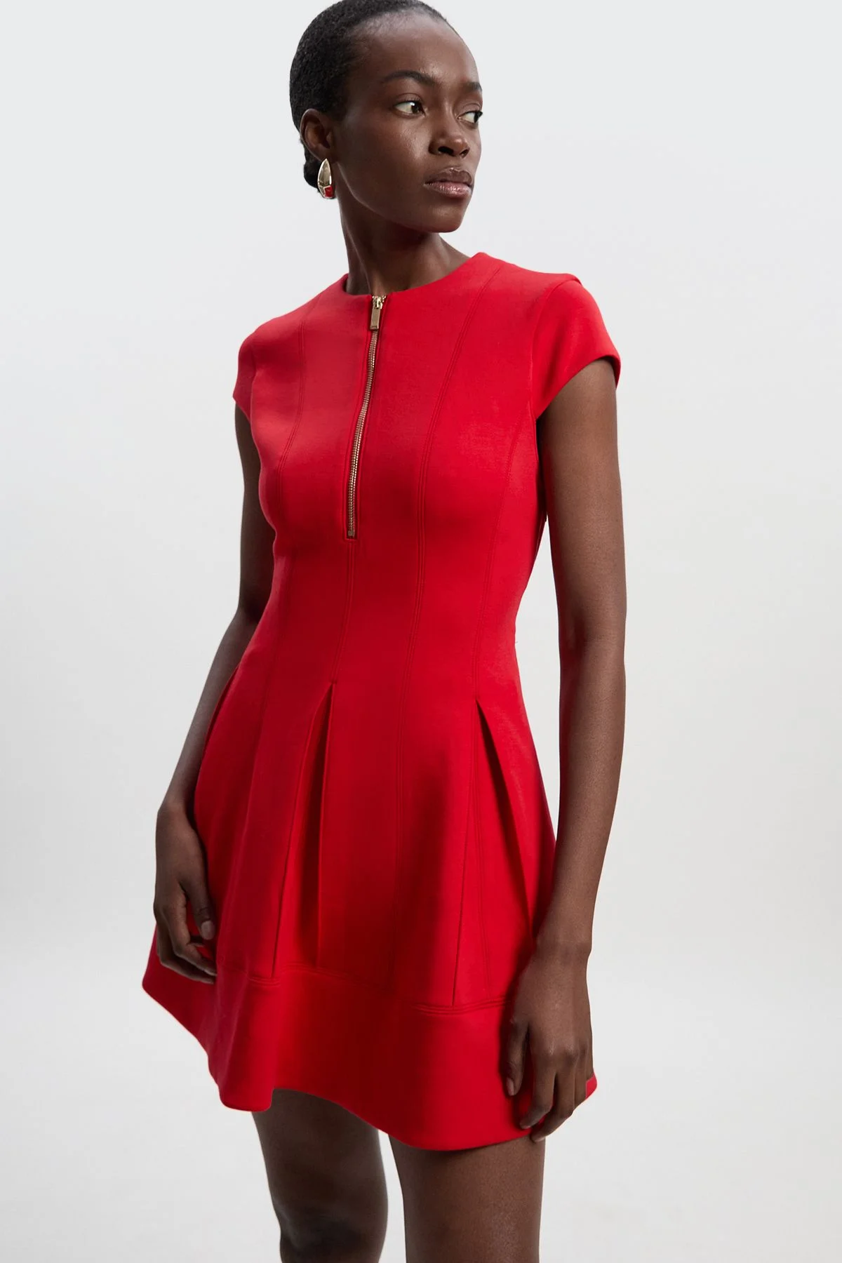 Scuba Zip Detail Pleated Short Sleeve Mini Dress - 1