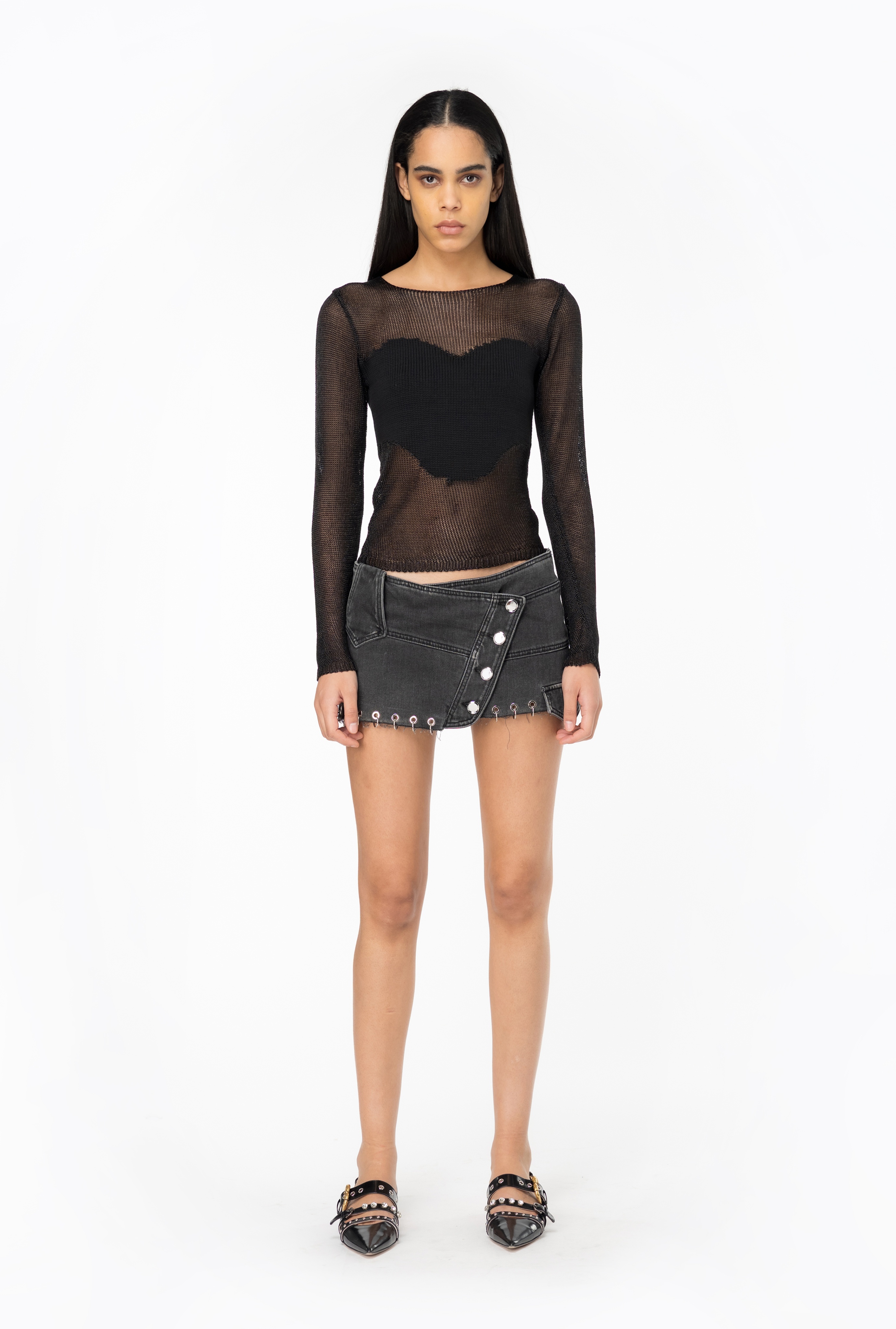 BLACK DENIM MINI SKIRT WITH PIERCING - 3