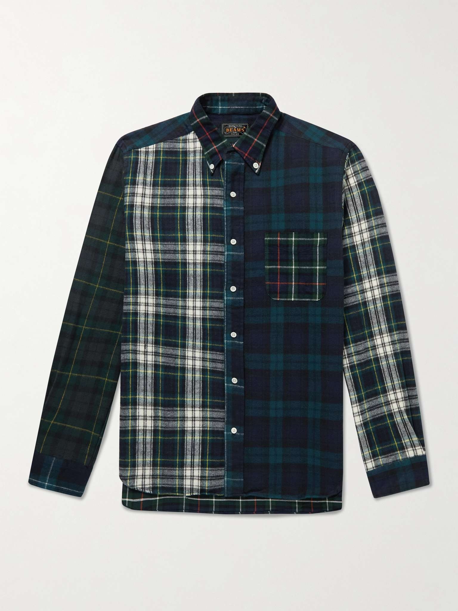 Button-Down Collar Panelled Checked Cotton-Flannel Shirt - 1